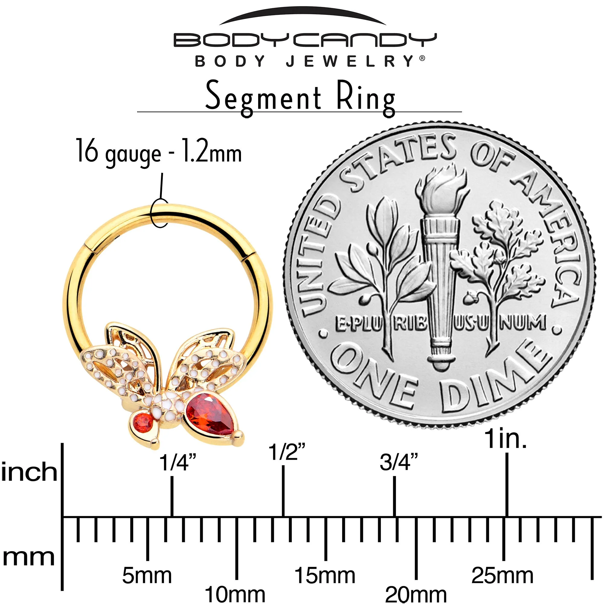 16 Gauge 3/8 Red CZ Gem Gold Tone Drama Butterfly Hinged Segment Ring