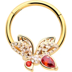 16 Gauge 3/8 Red CZ Gem Gold Tone Drama Butterfly Hinged Segment Ring