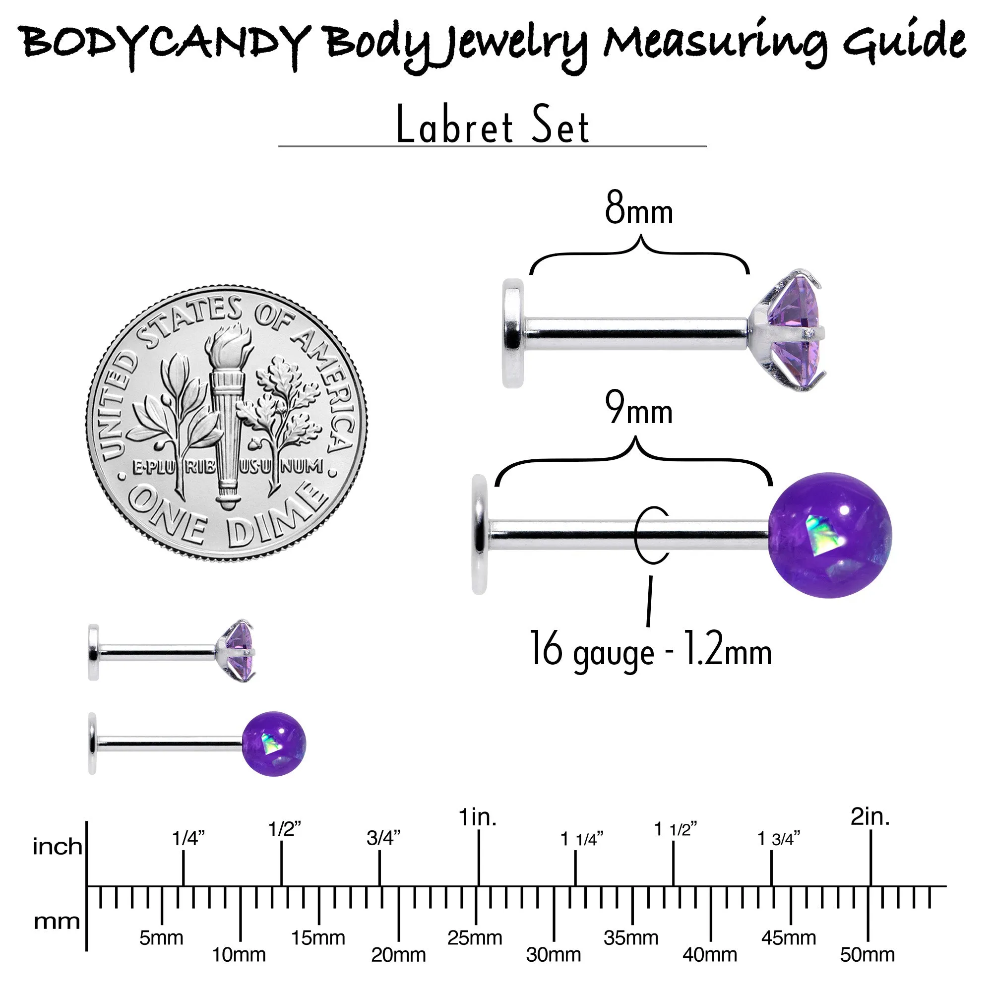 16 Gauge 5/16 3/8 Purple Gem Faux Opal Labret Monroe Tragus Set of 4