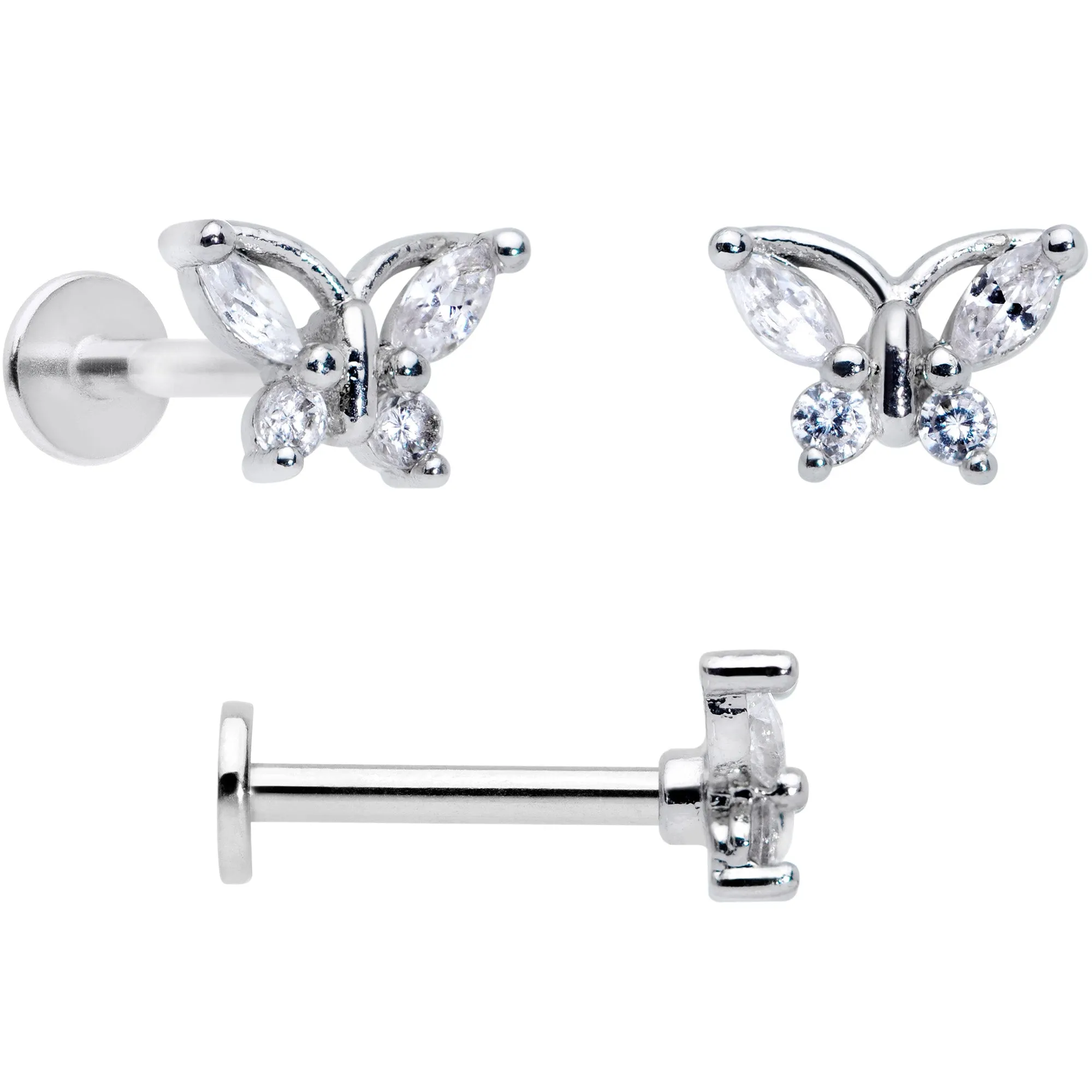 16 Gauge 5/16 Clear CZ Gem Flower Butterfly Labret Tragus Set of 3