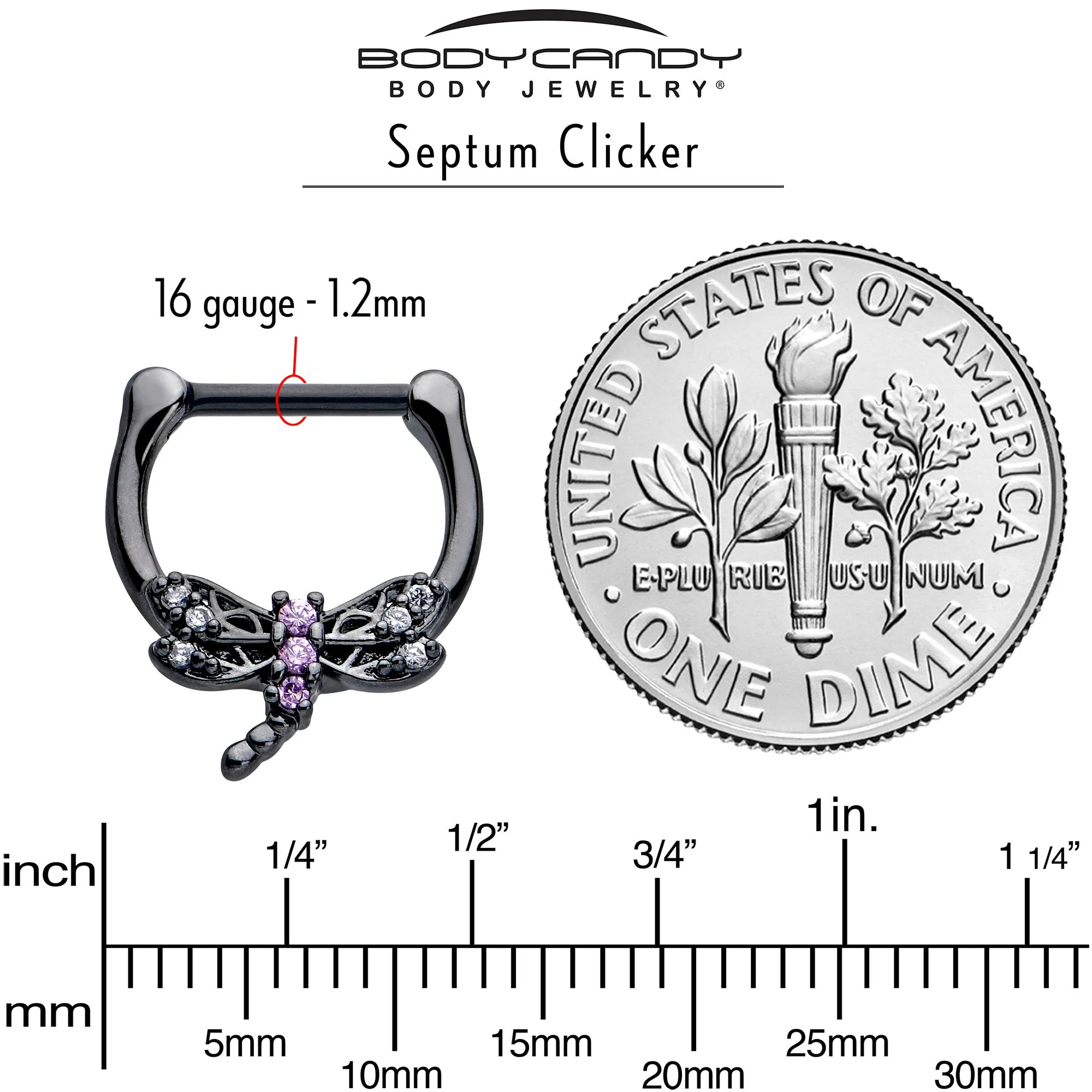 16 Gauge 5/16 Purple CZ Gem Black Night Dragonfly Cartilage Clicker