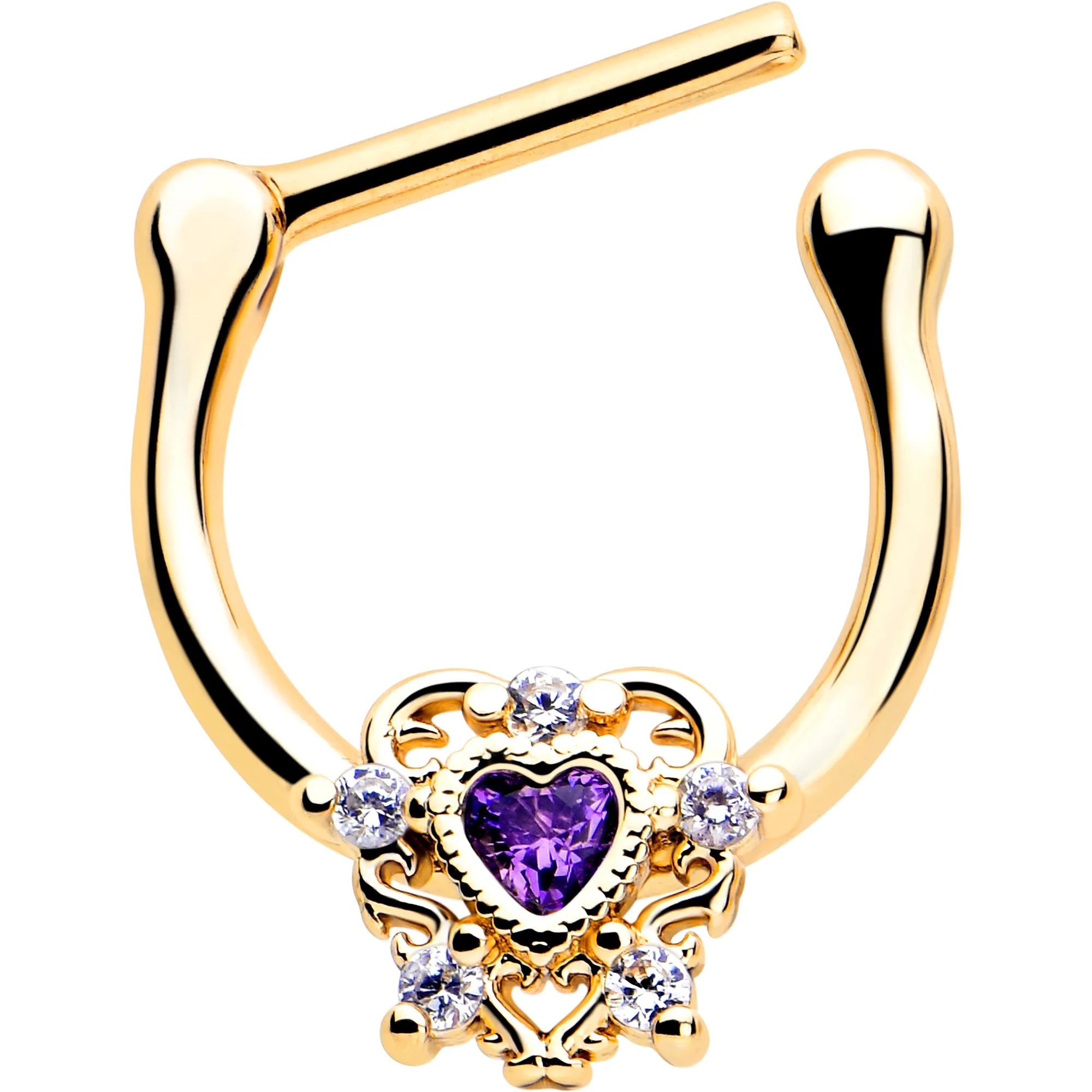16 Gauge 5/16 Purple CZ Gem Gold Tone Heart of Love Cartilage Clicker
