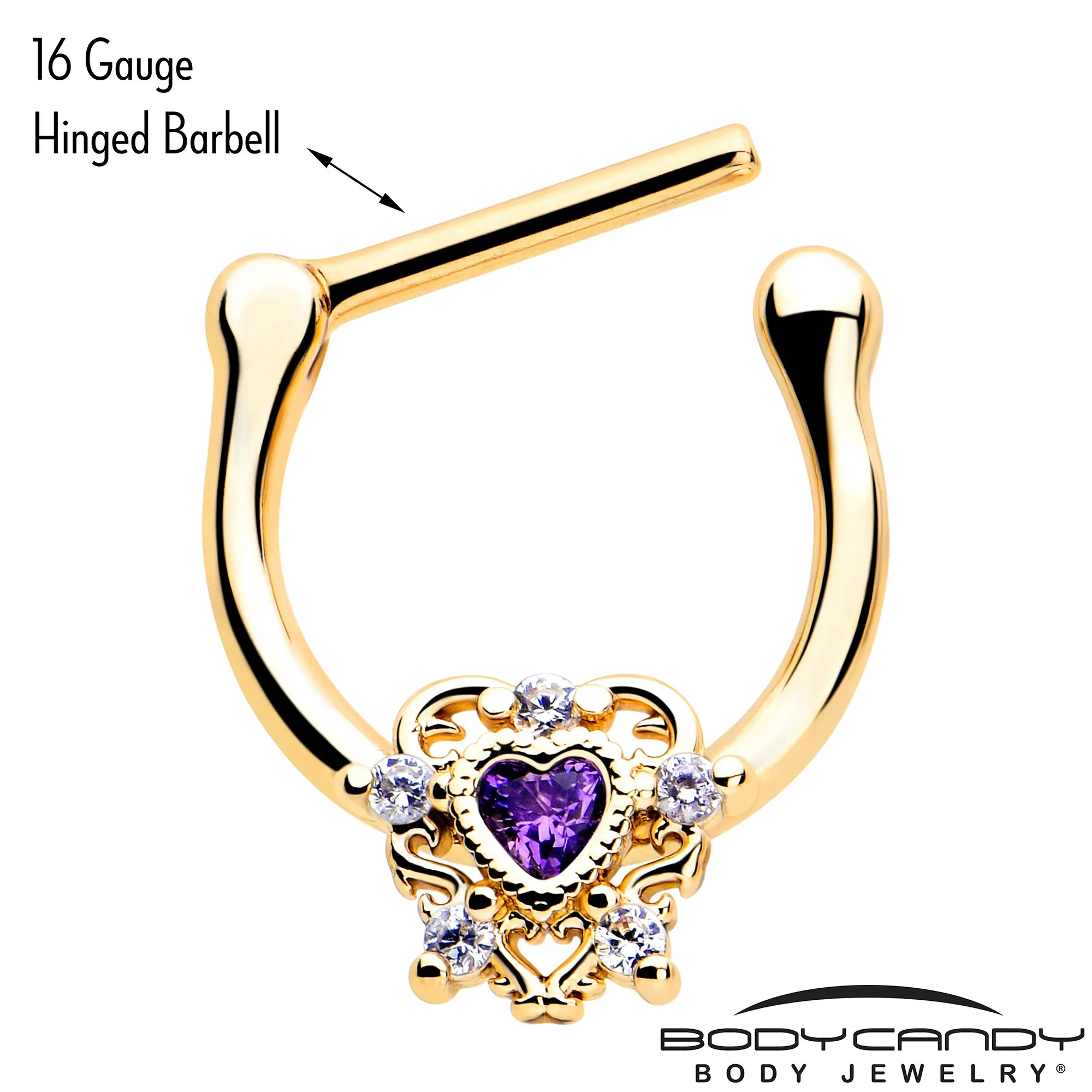 16 Gauge 5/16 Purple CZ Gem Gold Tone Heart of Love Cartilage Clicker