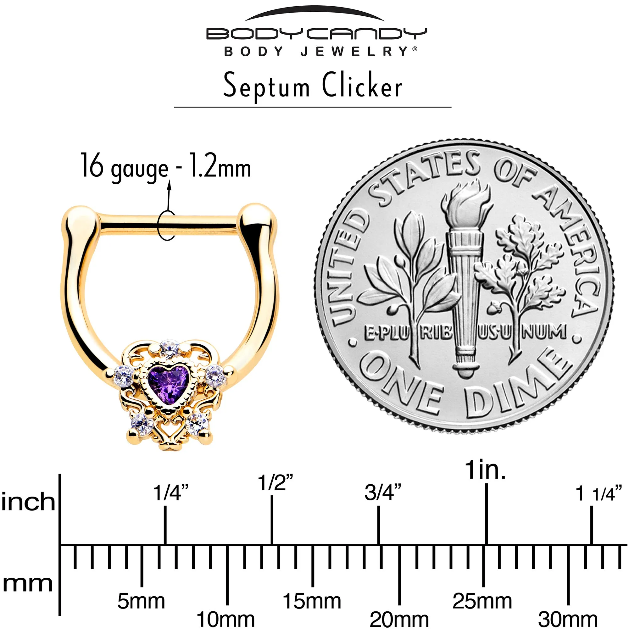 16 Gauge 5/16 Purple CZ Gem Gold Tone Heart of Love Cartilage Clicker