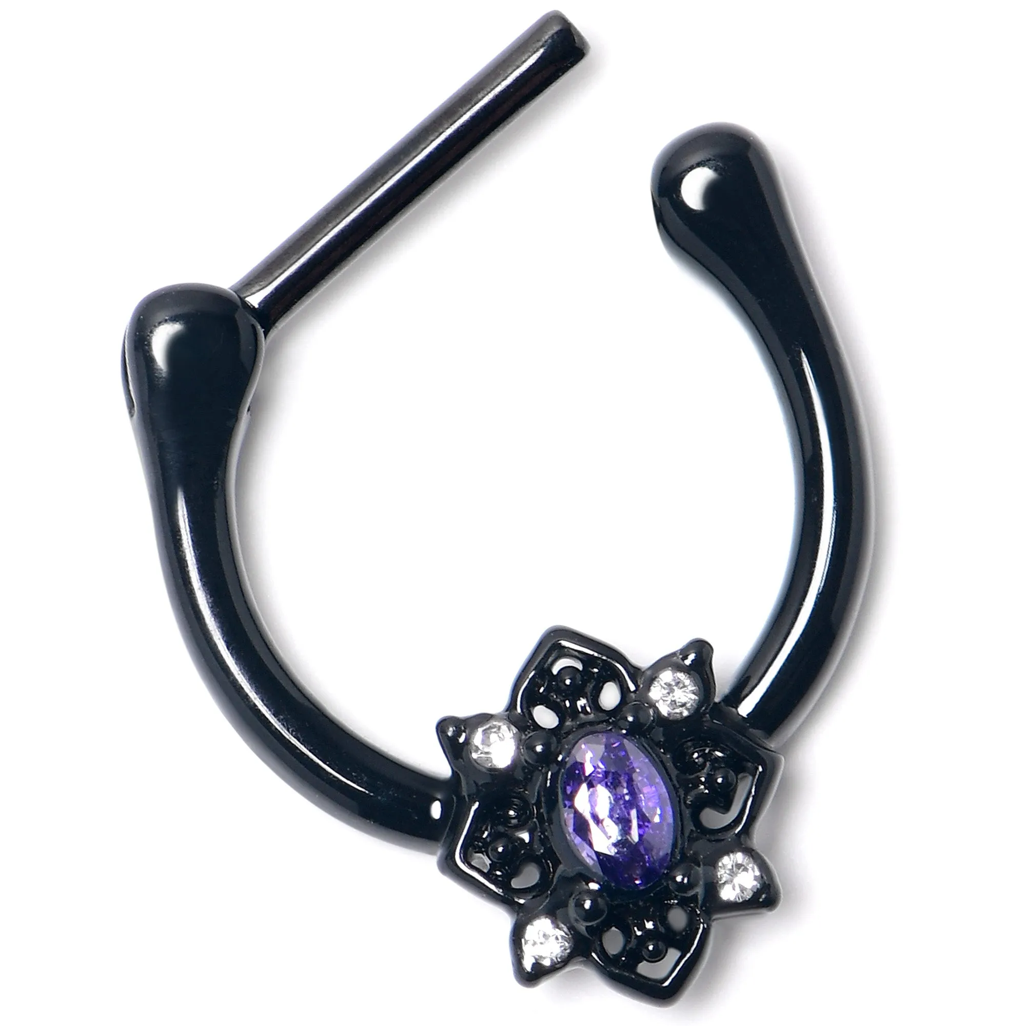16 Gauge 5/16 Purple Gem Black Scrolling Hearts Cartilage Clicker