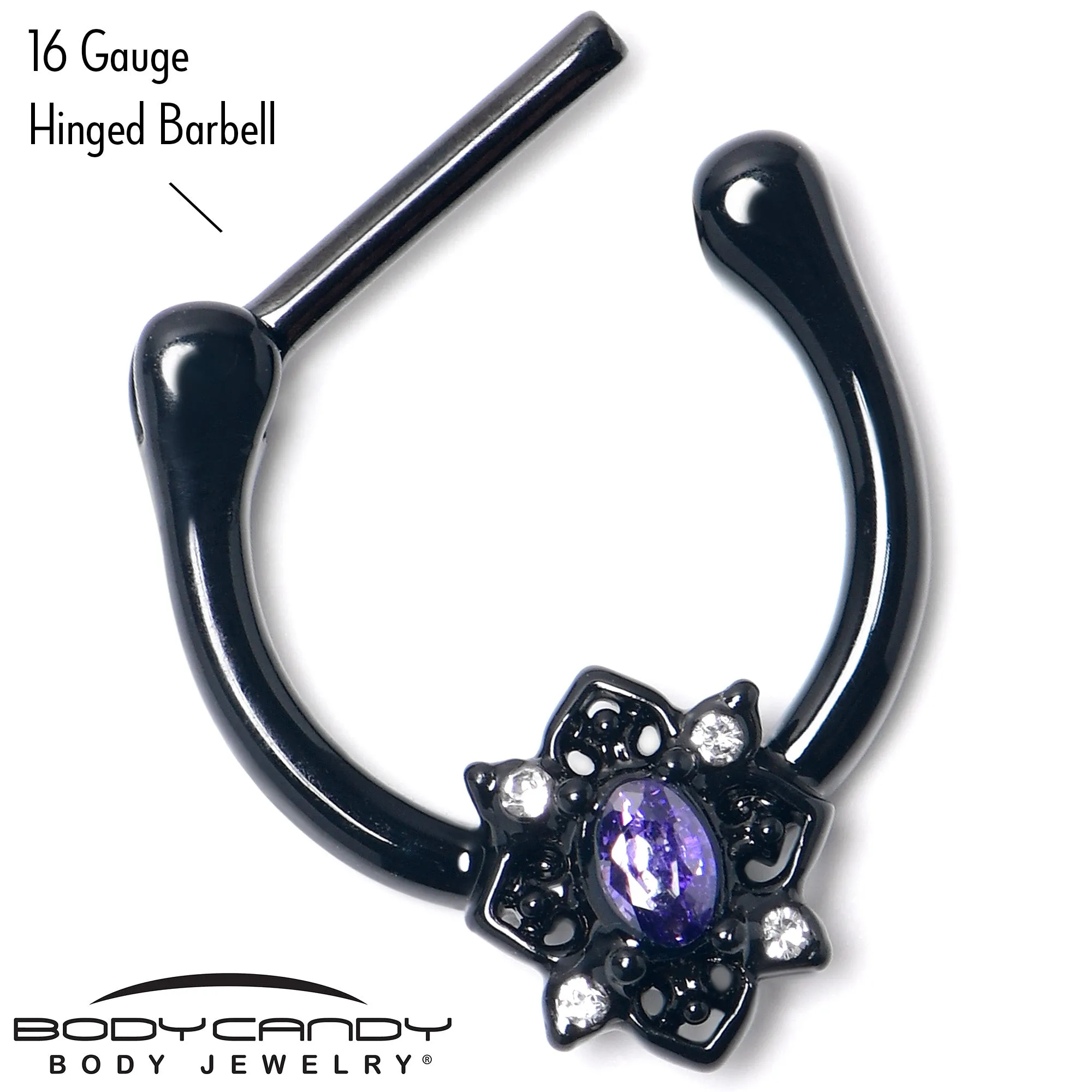 16 Gauge 5/16 Purple Gem Black Scrolling Hearts Cartilage Clicker