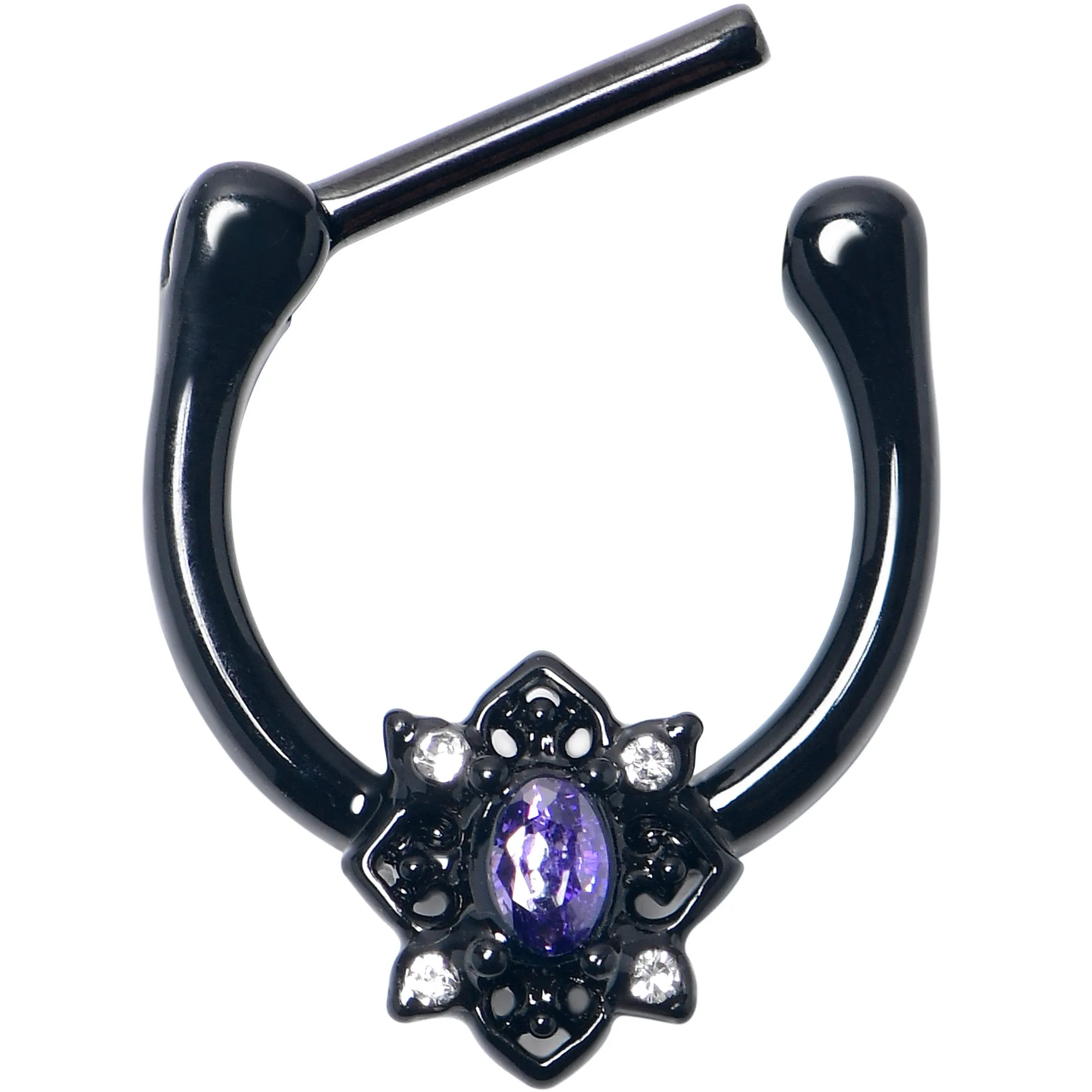 16 Gauge 5/16 Purple Gem Black Scrolling Hearts Cartilage Clicker
