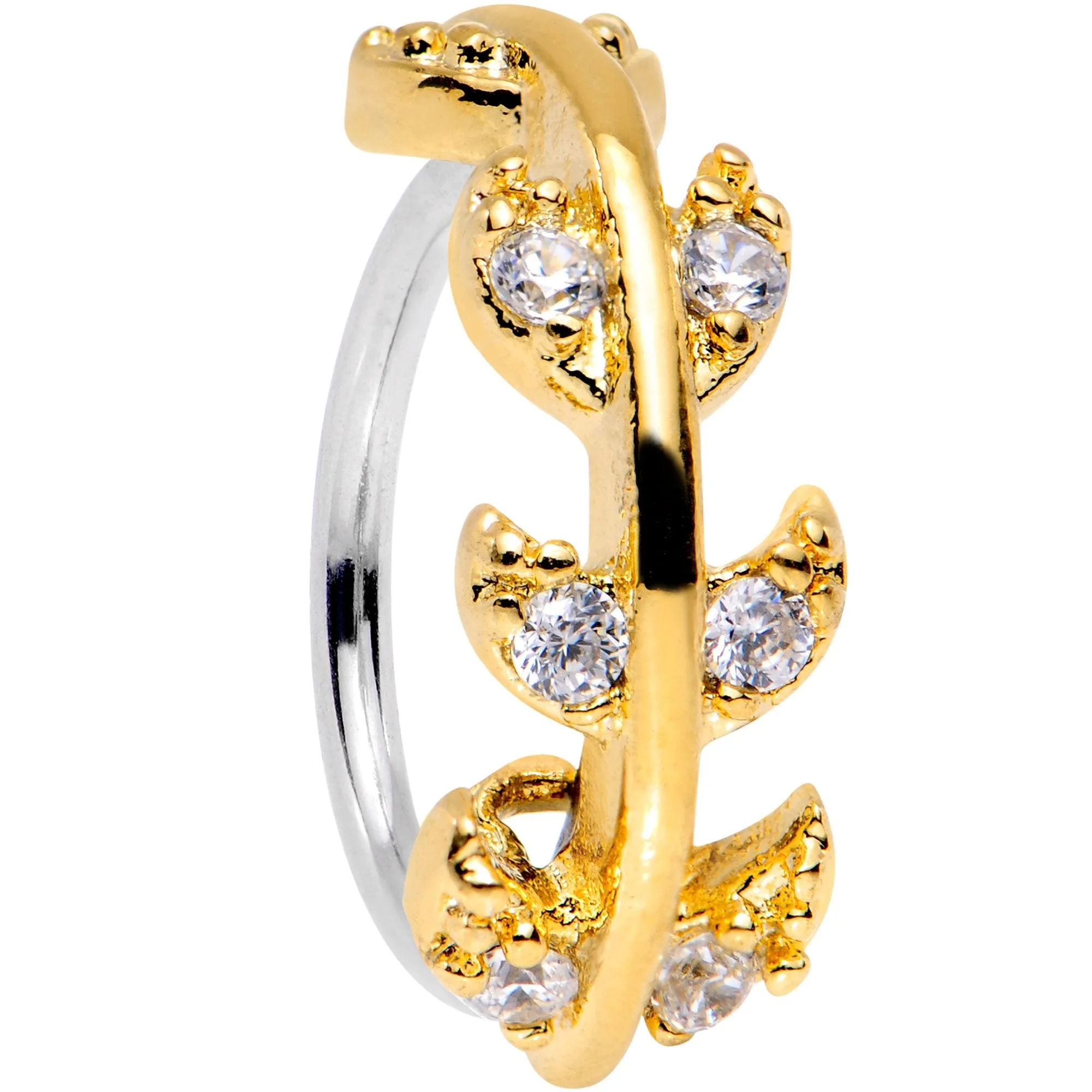 18 Gauge 5/16 Clear CZ Gem Gold Tone Leafy Seamless Circular Ring