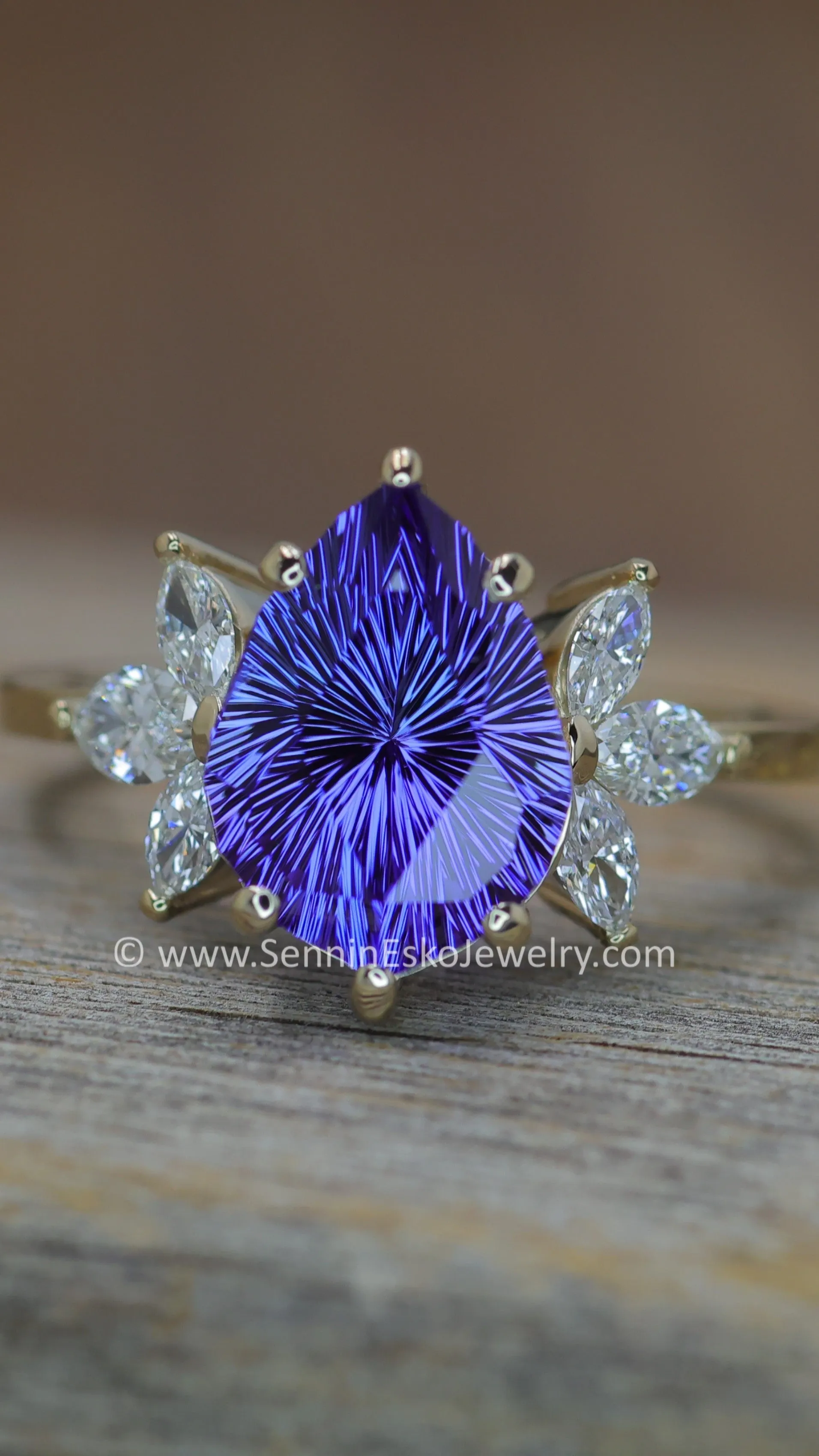 18kt Gold Multi Prong Setting with Large Diamond Marquise Accents - Depicted with a 3.9 Carat Tanzanite Tear Drop (Setting Only, Center Stone Sold Separately)
