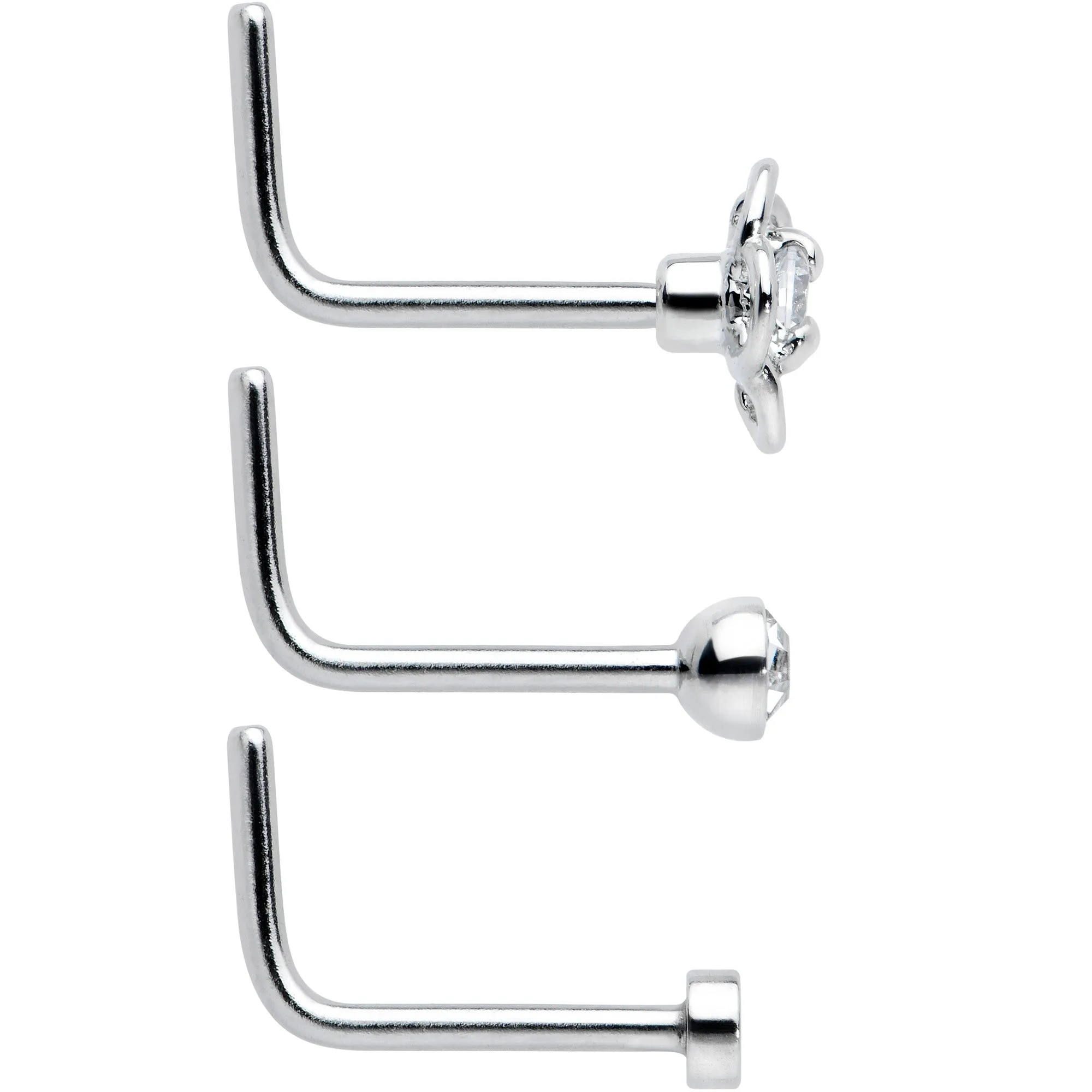 20 Gauge 1/4 Aurora Clear CZ Gem Flower L Shape Nose Ring Set of 6