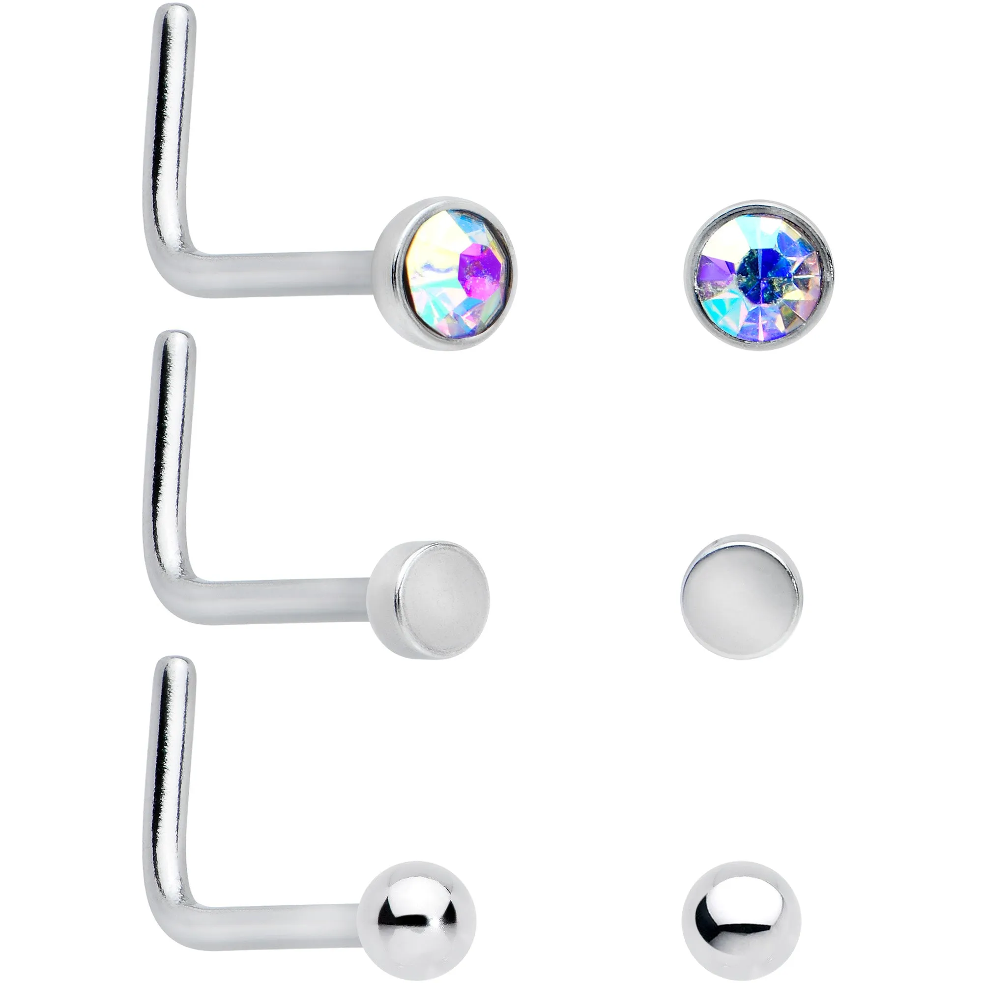 20 Gauge 1/4 Aurora Clear CZ Gem Flower L Shape Nose Ring Set of 6
