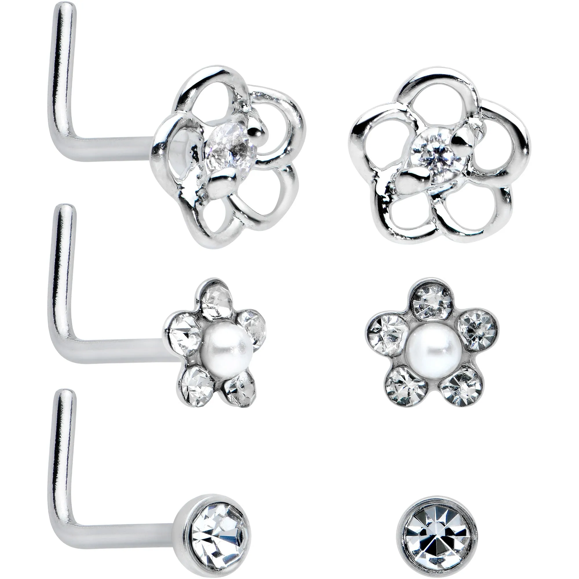 20 Gauge 1/4 Aurora Clear CZ Gem Flower L Shape Nose Ring Set of 6