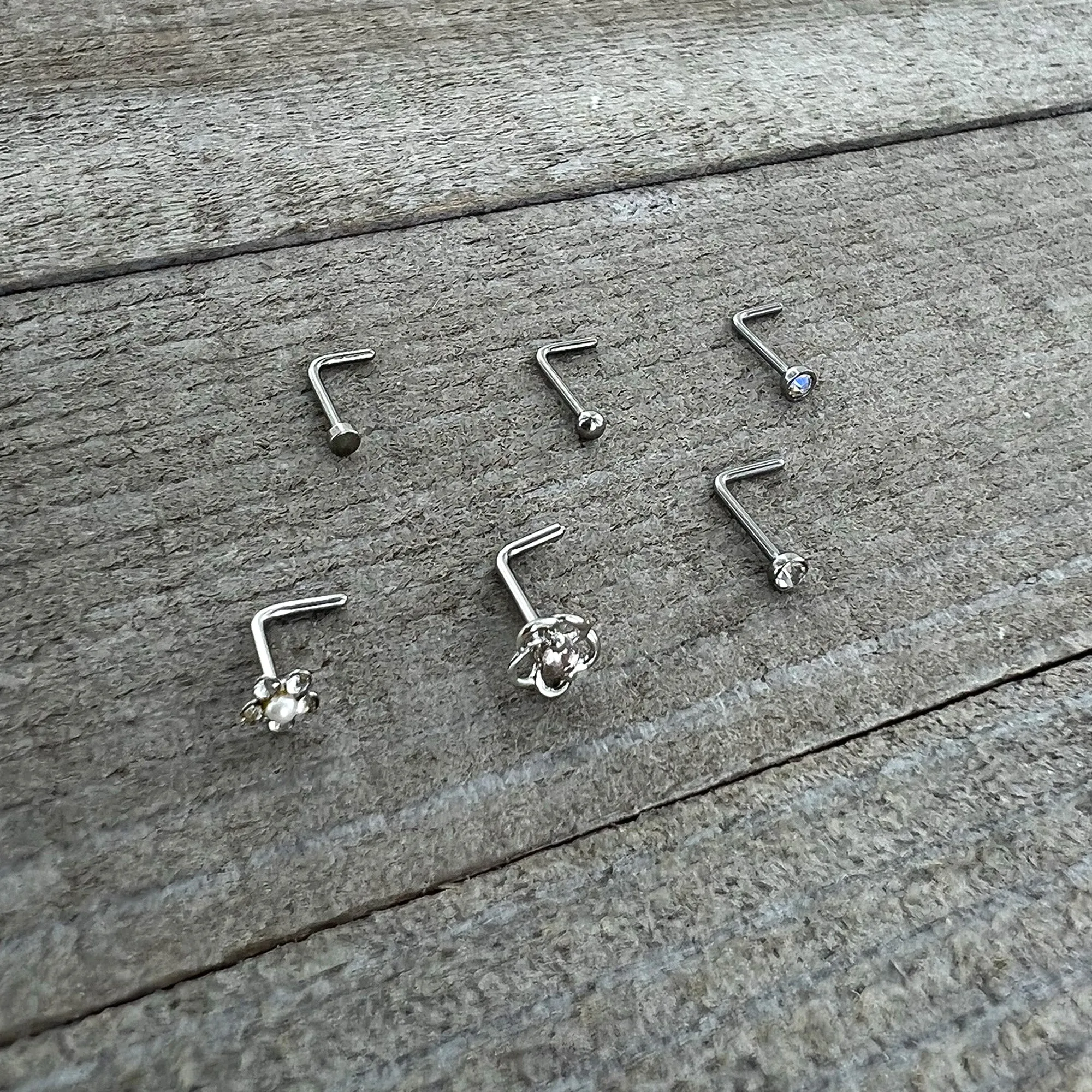 20 Gauge 1/4 Aurora Clear CZ Gem Flower L Shape Nose Ring Set of 6