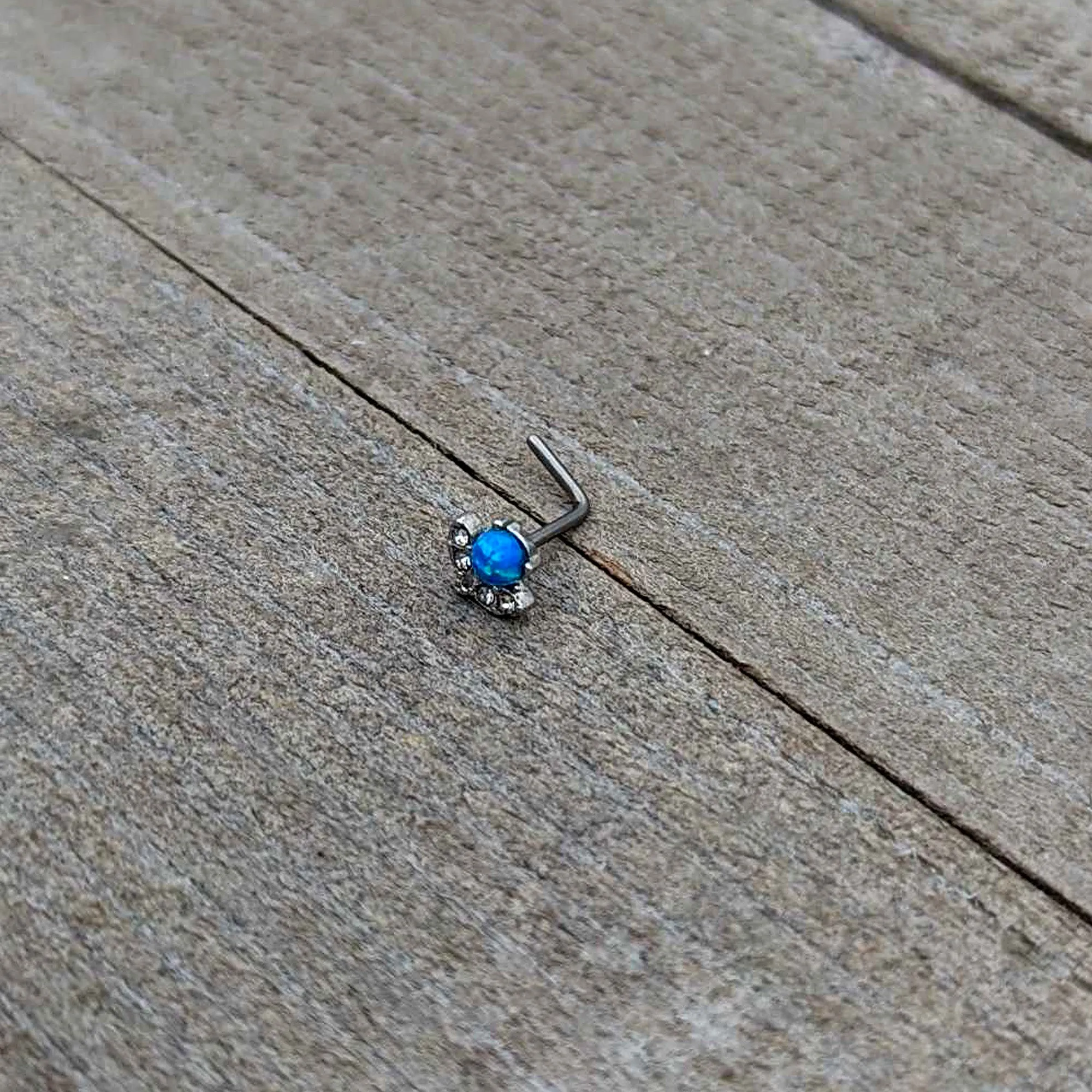 20 Gauge 1/4 Blue Synthetic Opal Style Flower L Shape Nose Ring