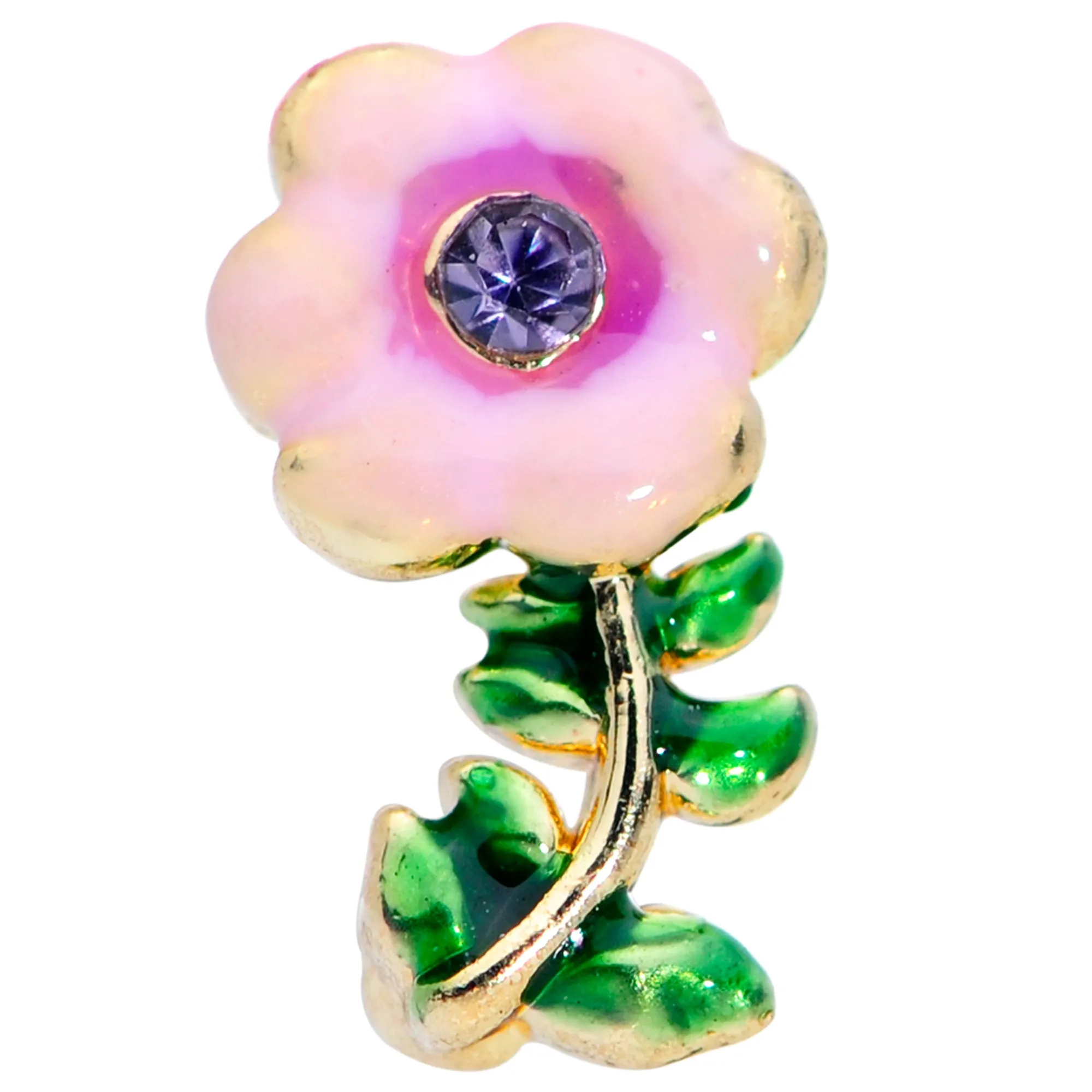 20 Gauge 1/4 Purple CZ Gem Pink Flower Leaves Nose Bone