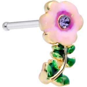 20 Gauge 1/4 Purple CZ Gem Pink Flower Leaves Nose Bone