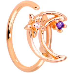 20 Gauge 5/16 Clear Blue CZ Gem Rose Gold Tone Moon Nose Hoop