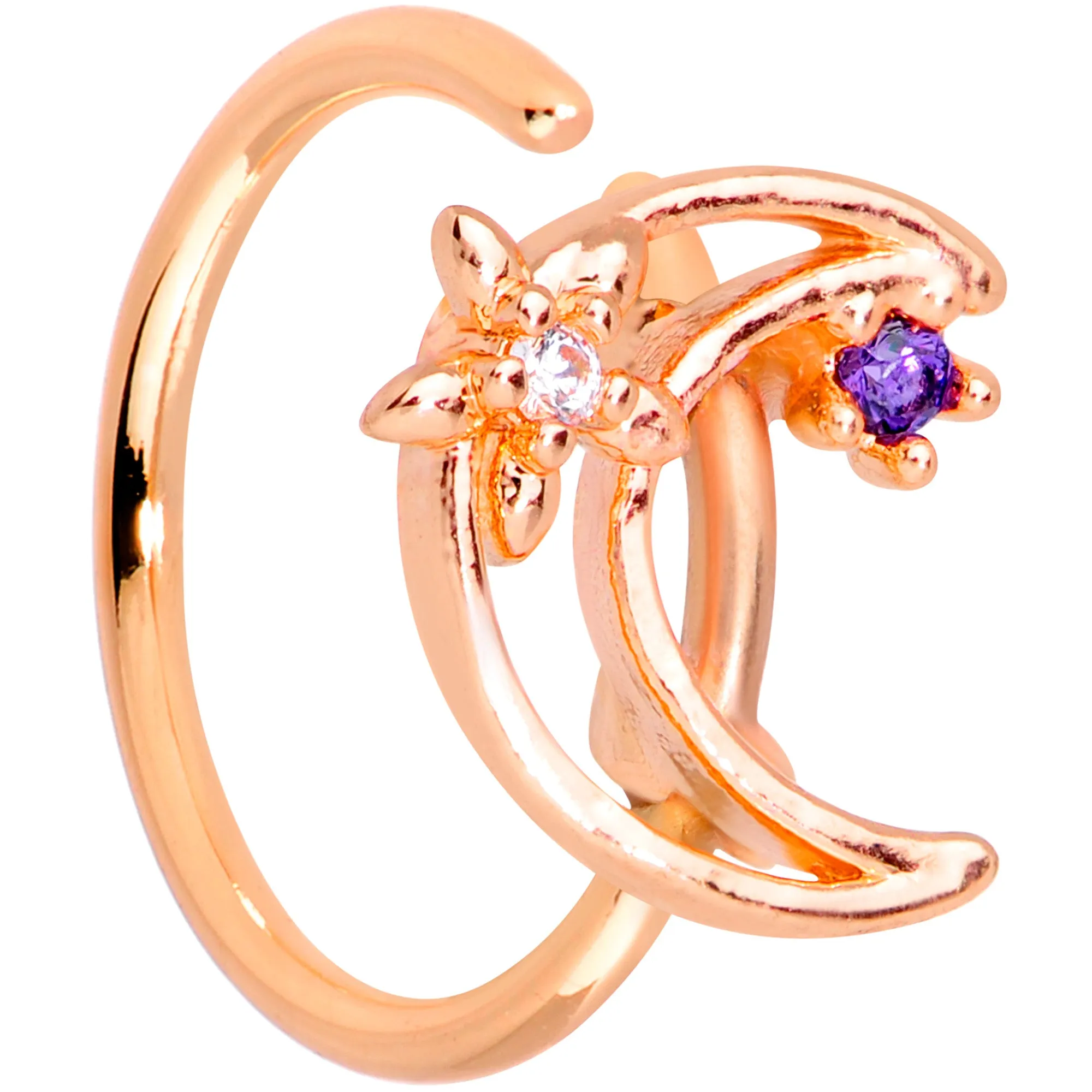 20 Gauge 5/16 Clear Blue CZ Gem Rose Gold Tone Moon Nose Hoop