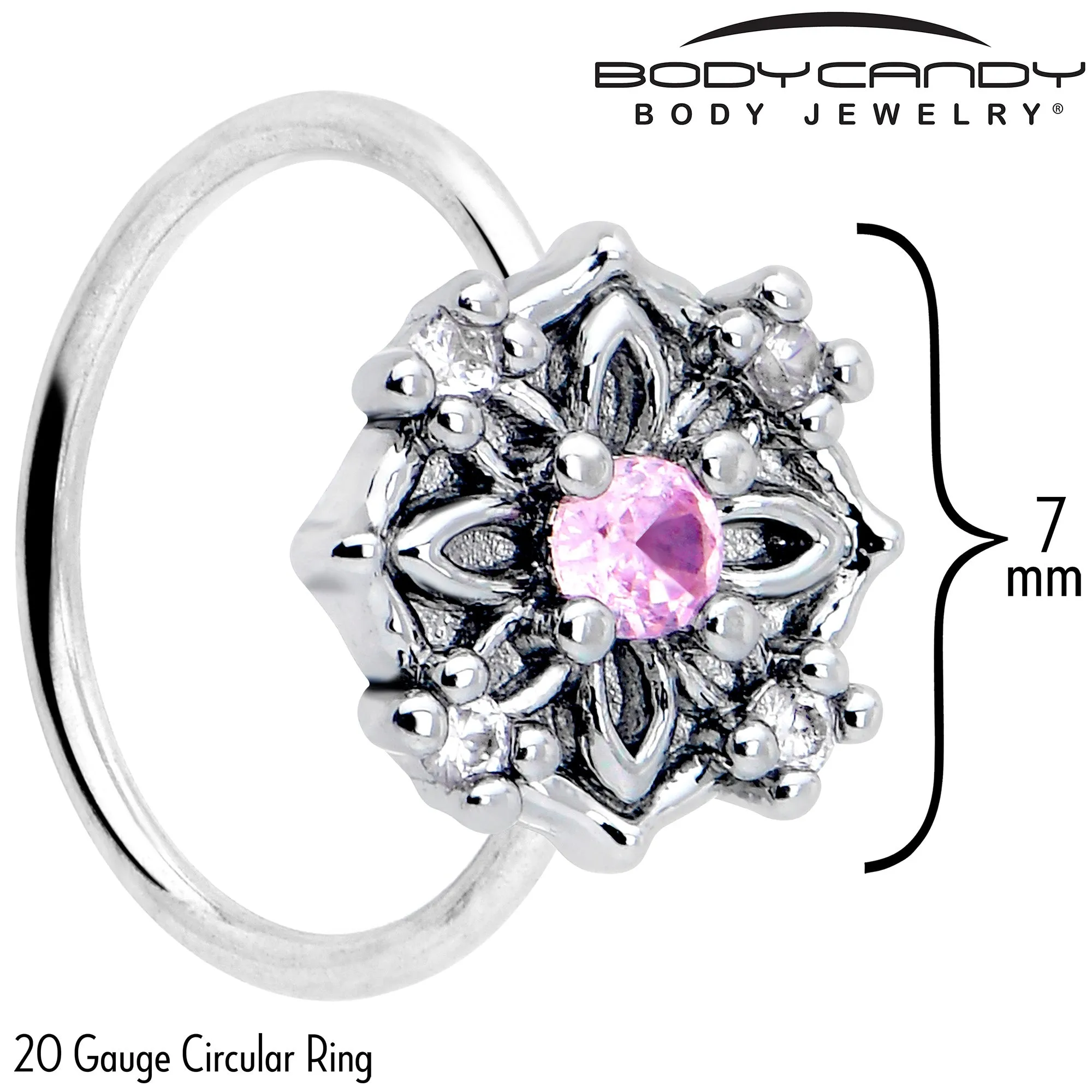 20 Gauge 5/16 Pink CZ Gem Flower Circle Nose Hoop