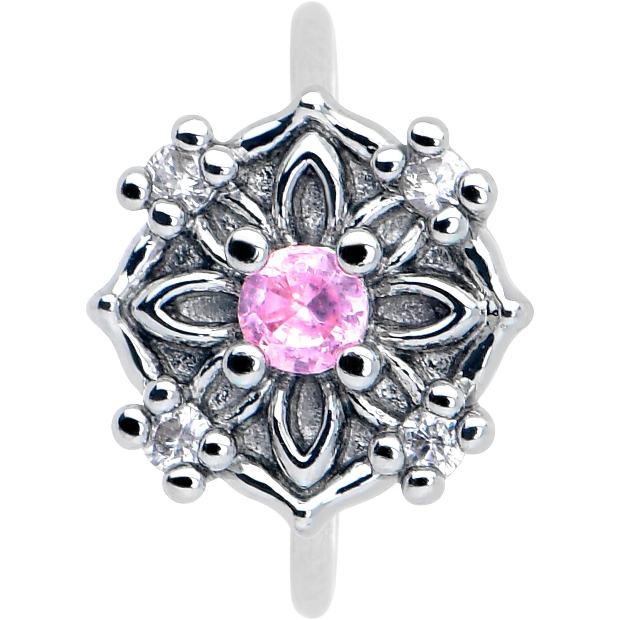 20 Gauge 5/16 Pink CZ Gem Flower Circle Nose Hoop