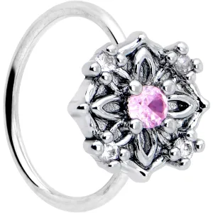 20 Gauge 5/16 Pink CZ Gem Flower Circle Nose Hoop