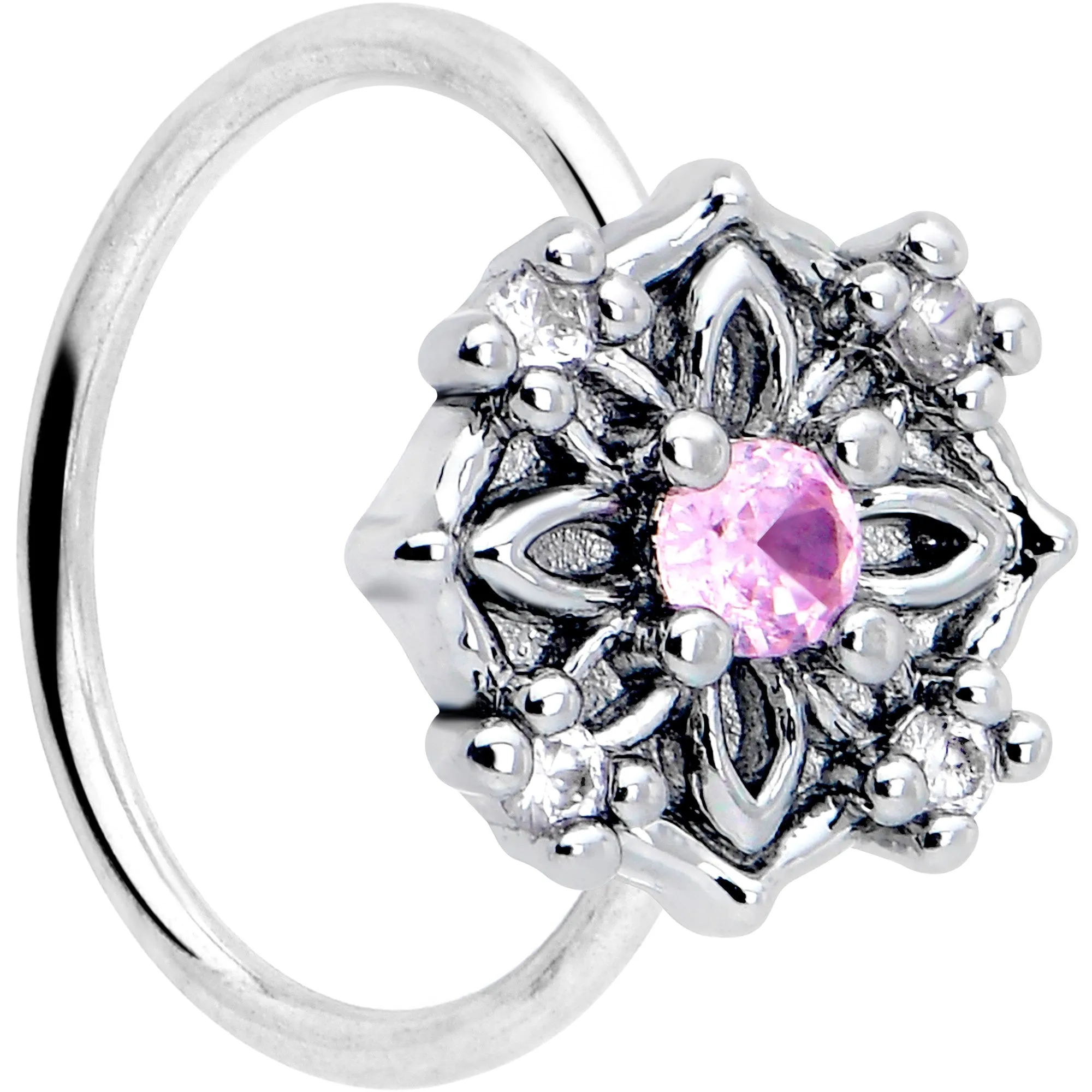 20 Gauge 5/16 Pink CZ Gem Flower Circle Nose Hoop