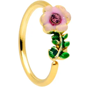 20 Gauge 5/16 Purple CZ Gem Gold Tone Pink Flower Nose Hoop