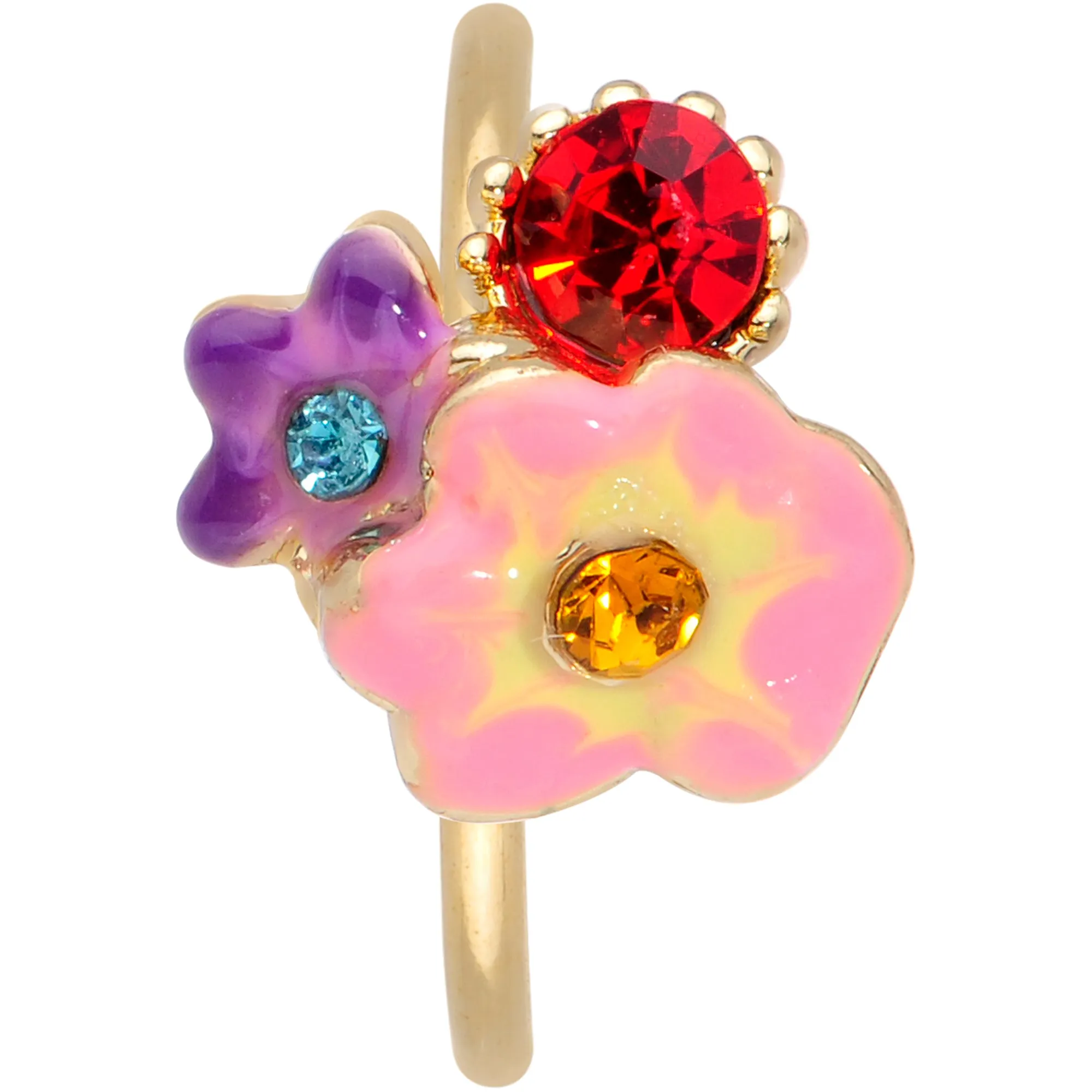 20 Gauge 5/16 Red Pink Gem Gold Tone Multi Flower Nose Hoop