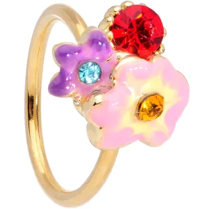20 Gauge 5/16 Red Pink Gem Gold Tone Multi Flower Nose Hoop
