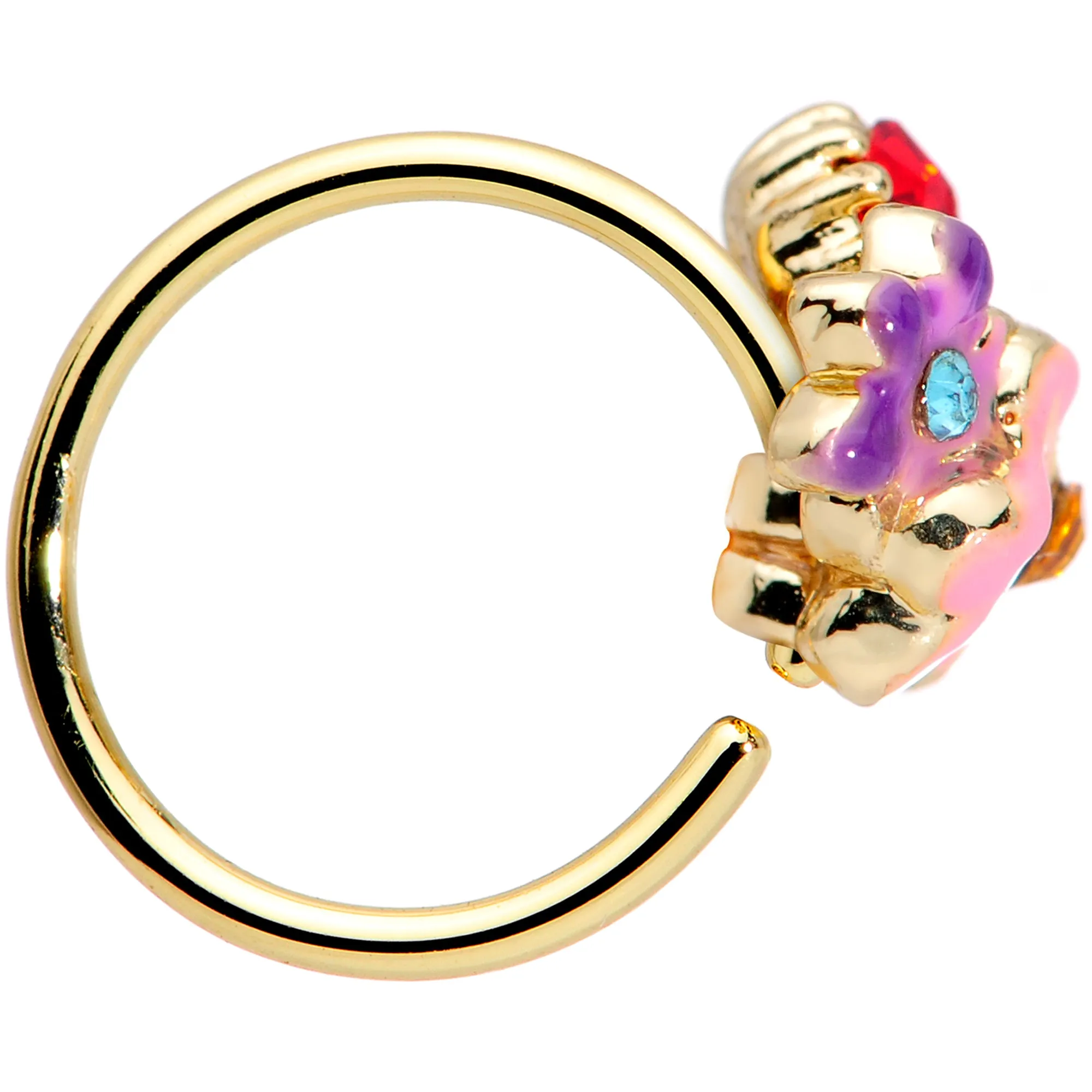 20 Gauge 5/16 Red Pink Gem Gold Tone Multi Flower Nose Hoop