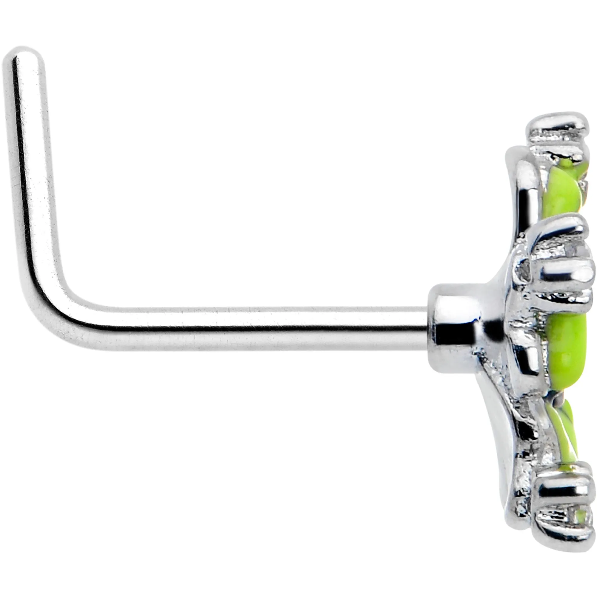 20 Gauge 7mm Clear CZ Gem Go Green Flower L Shape Nose Ring