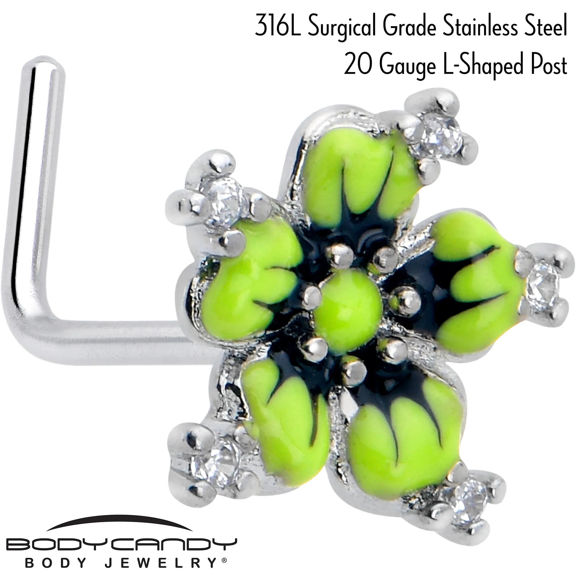 20 Gauge 7mm Clear CZ Gem Go Green Flower L Shape Nose Ring