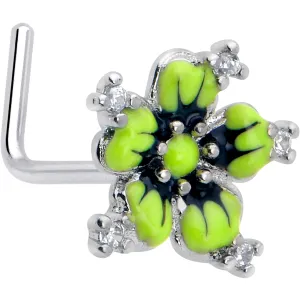 20 Gauge 7mm Clear CZ Gem Go Green Flower L Shape Nose Ring