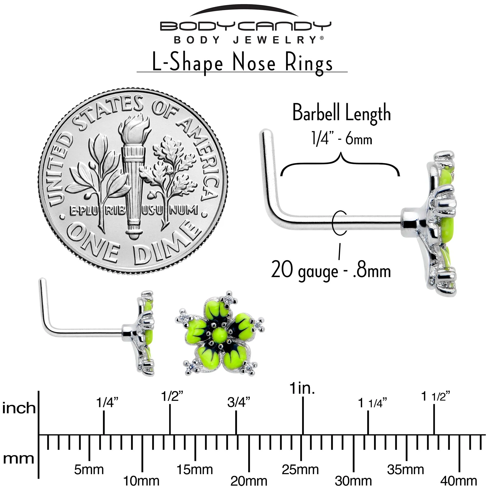 20 Gauge 7mm Clear CZ Gem Go Green Flower L Shape Nose Ring