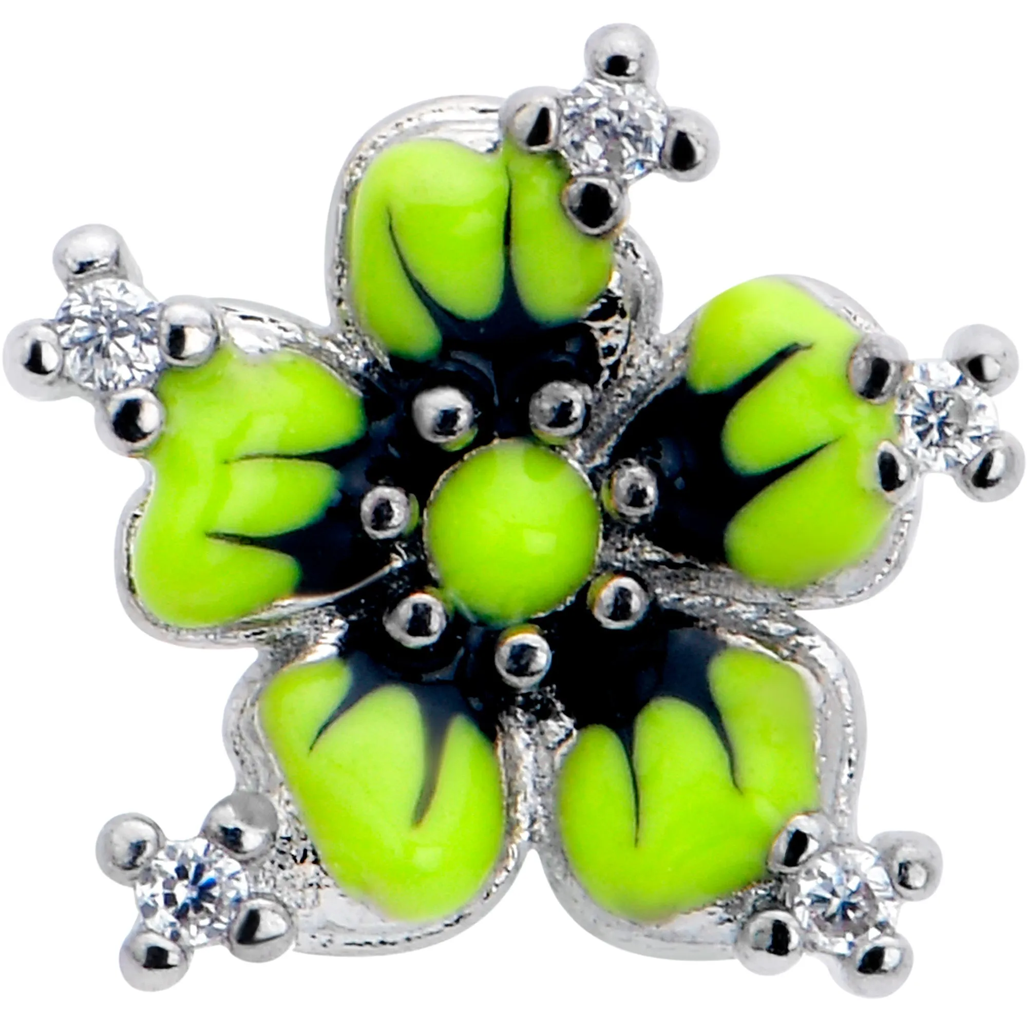 20 Gauge 7mm Clear CZ Gem Go Green Flower L Shape Nose Ring