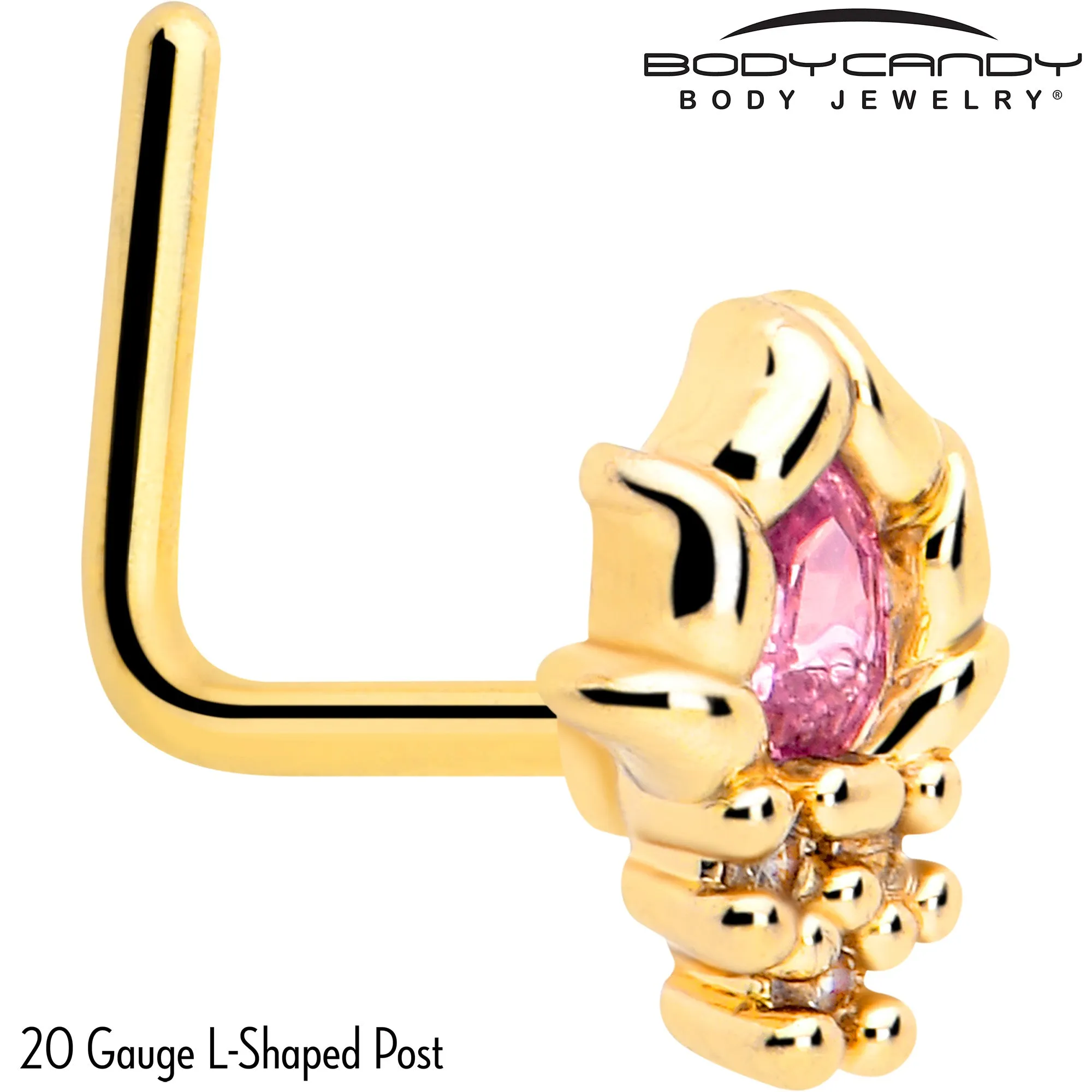 20 Gauge 7mm Pink CZ Gem Gold Tone Style Fire L Shape Nose Ring