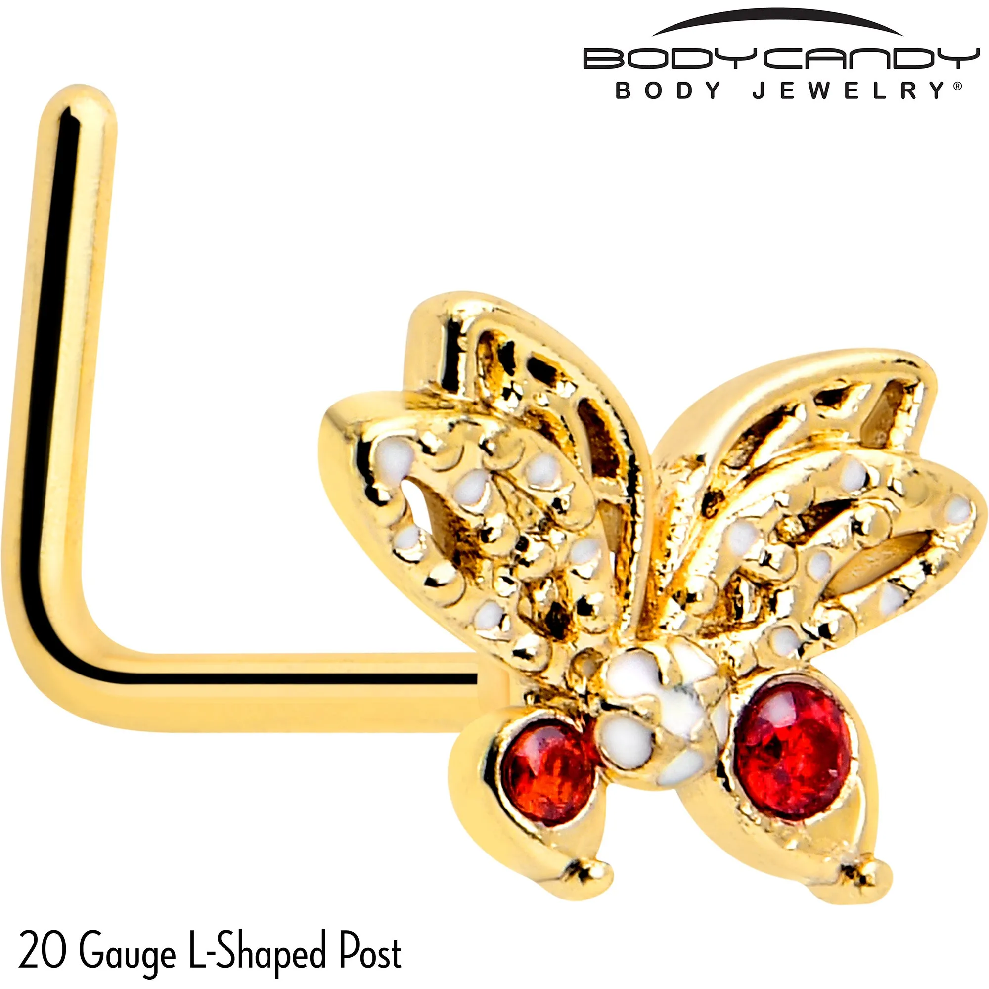 20 Gauge 7mm Red CZ Gem Gold Tone Drama Butterfly L Shape Nose Ring