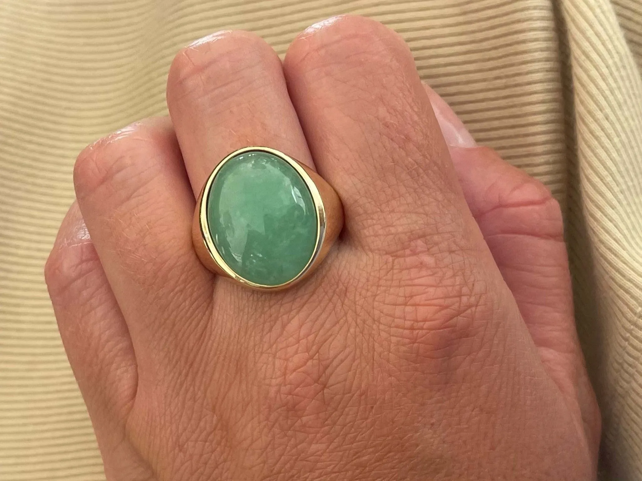 22 Carat Oval Cabochon Green Jade Ring in 14K Yellow Gold