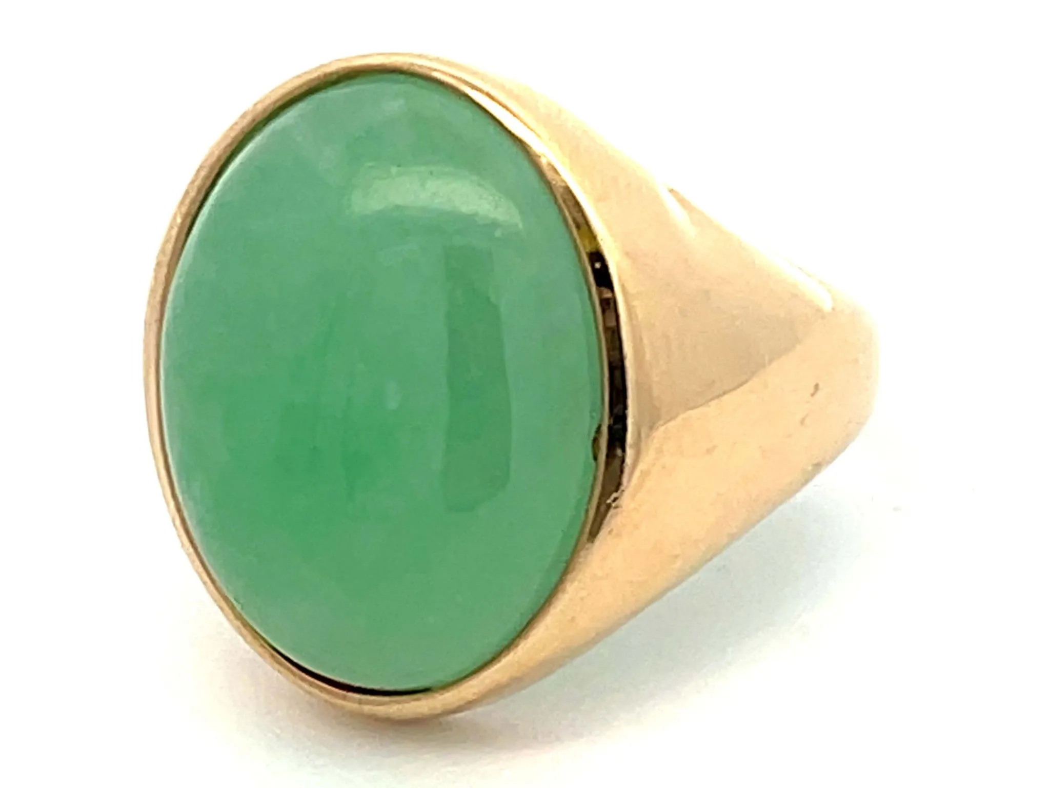 22 Carat Oval Cabochon Green Jade Ring in 14K Yellow Gold