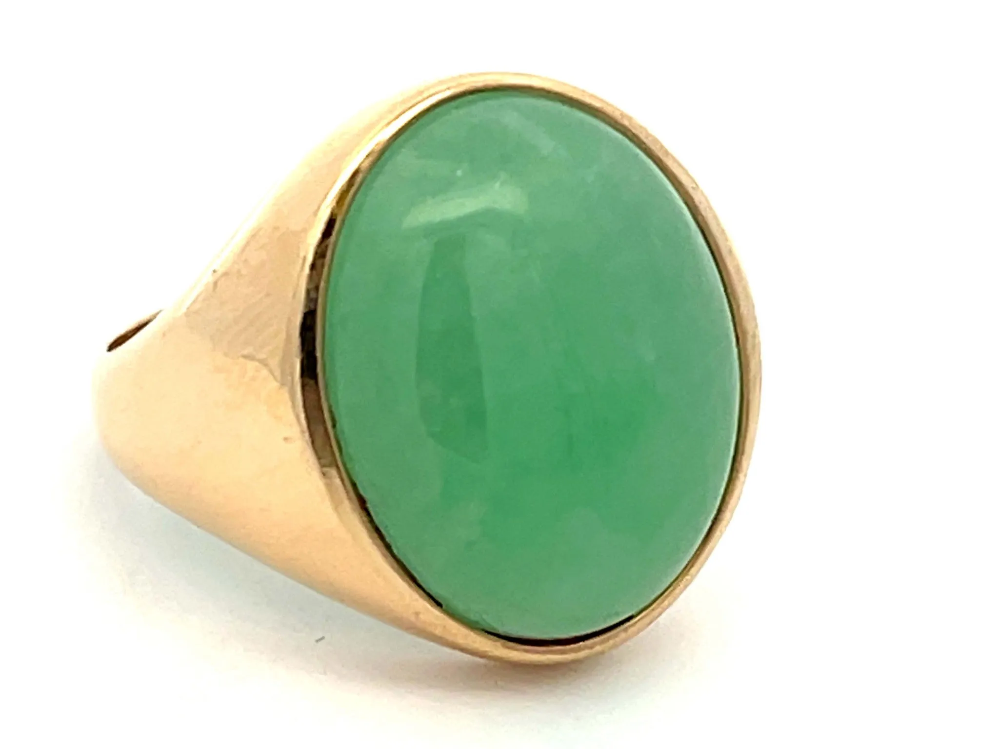 22 Carat Oval Cabochon Green Jade Ring in 14K Yellow Gold