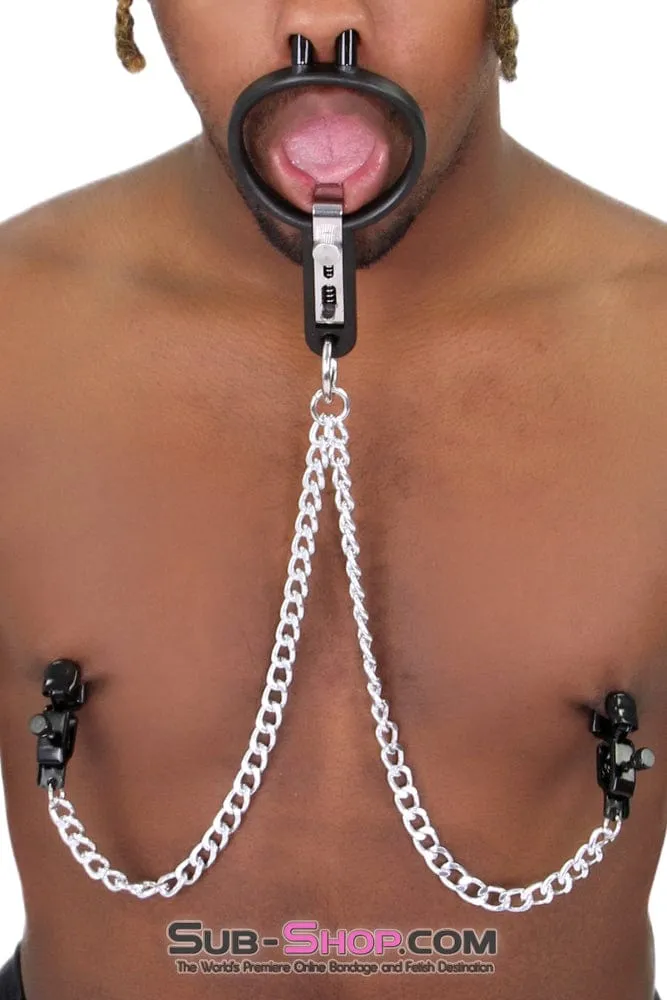 2702M      Open Wide and Take It Mouth Spreader Gag with Nipple Clamps