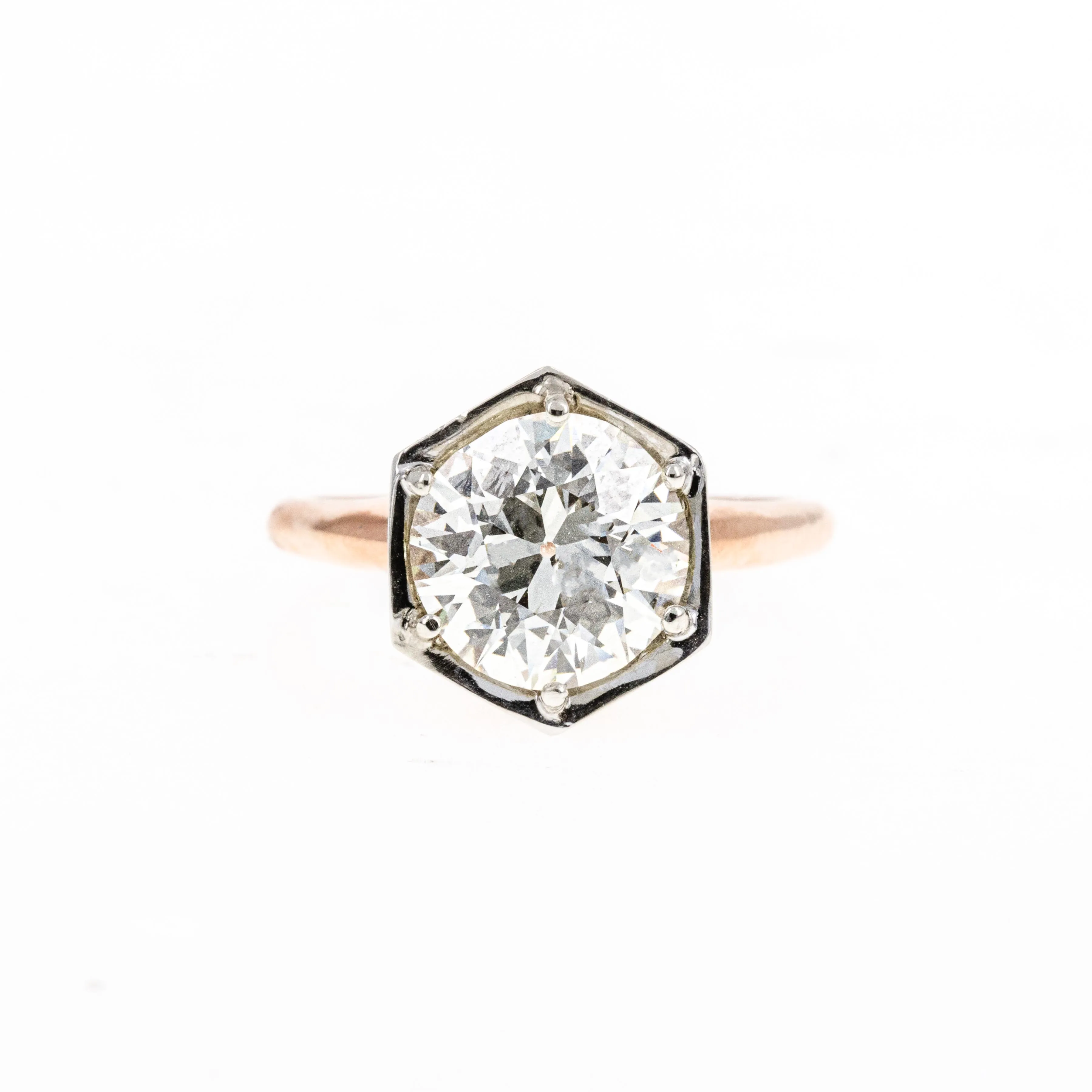 2.85 Carat Old European Diamond Hexagon Solitaire Engagement Ring in 14K Rose Gold GIA Certified