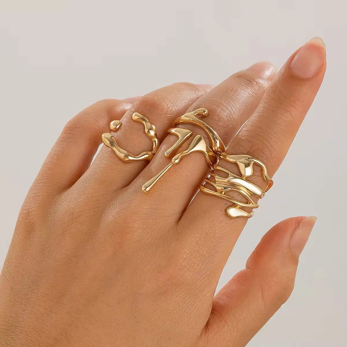 4Pcs Vintage Irregular Lava Open Ring Set