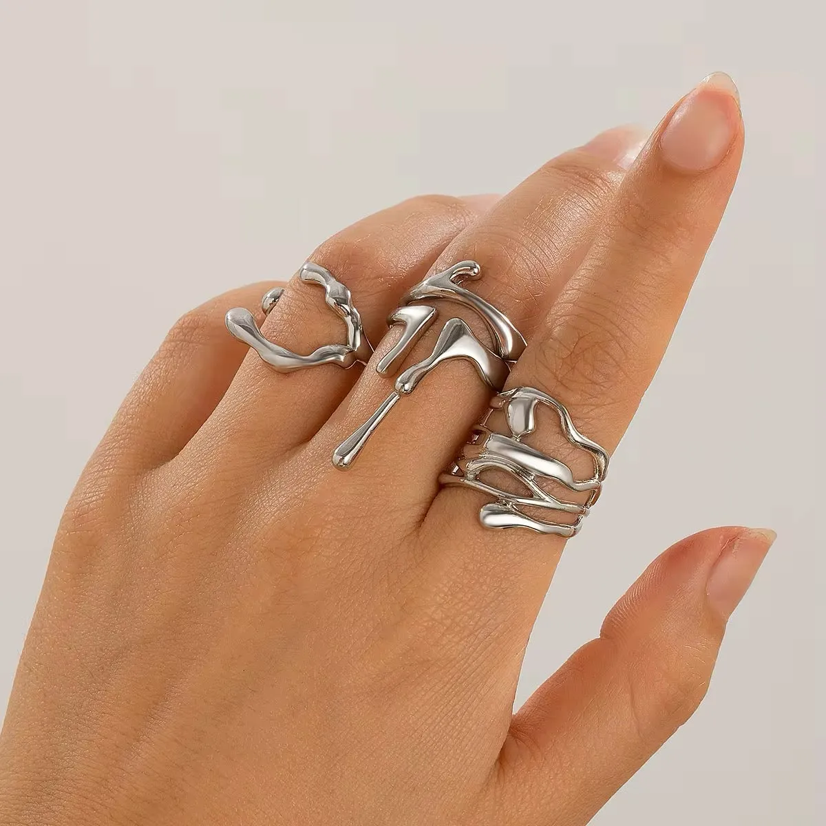 4Pcs Vintage Irregular Lava Open Ring Set