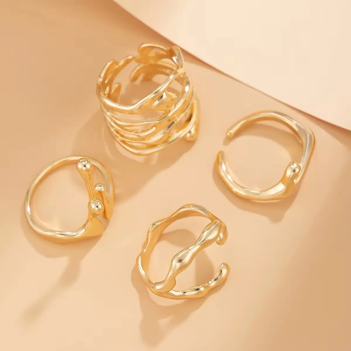 4Pcs Vintage Irregular Lava Open Ring Set