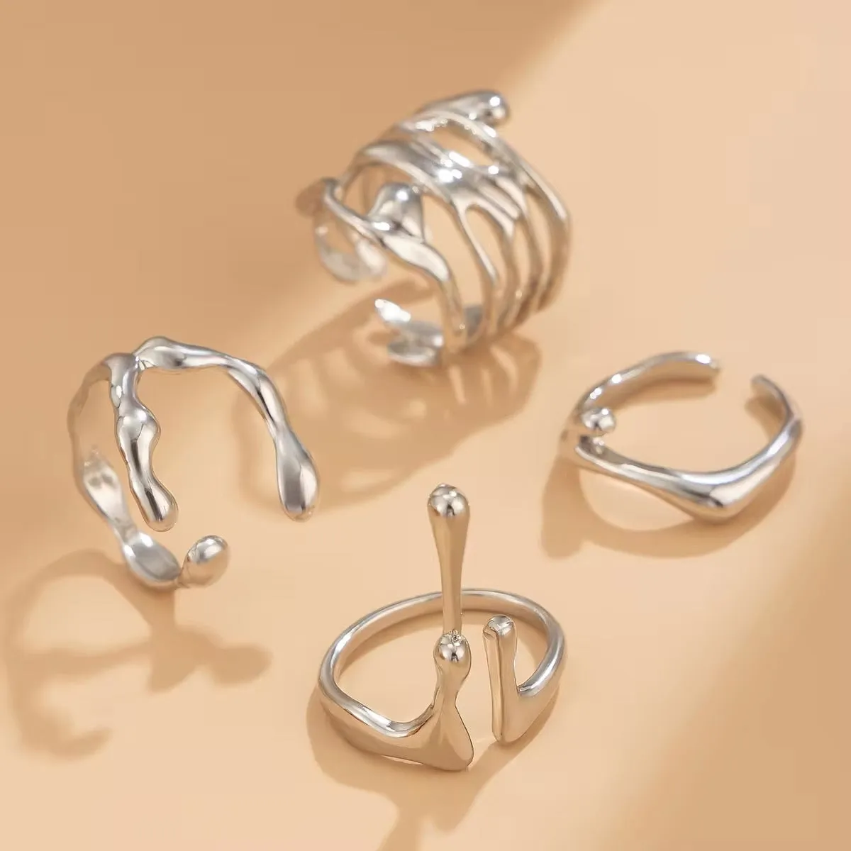 4Pcs Vintage Irregular Lava Open Ring Set
