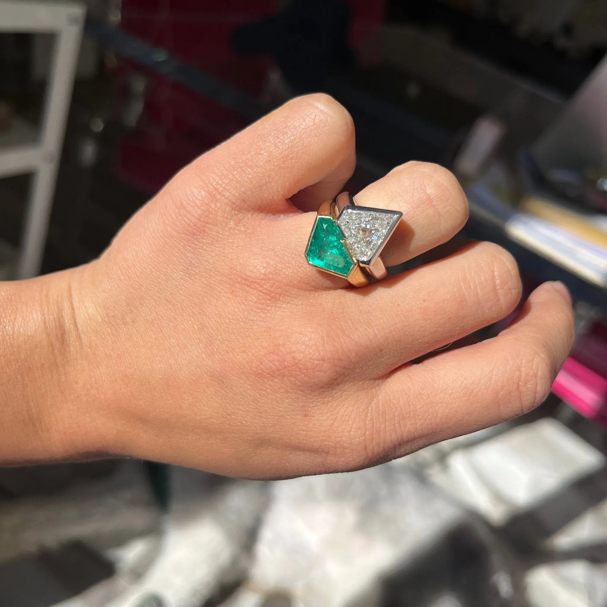 6.51ctw Diamond & Colombian Emerald Toi et Moi Puzzle Ring