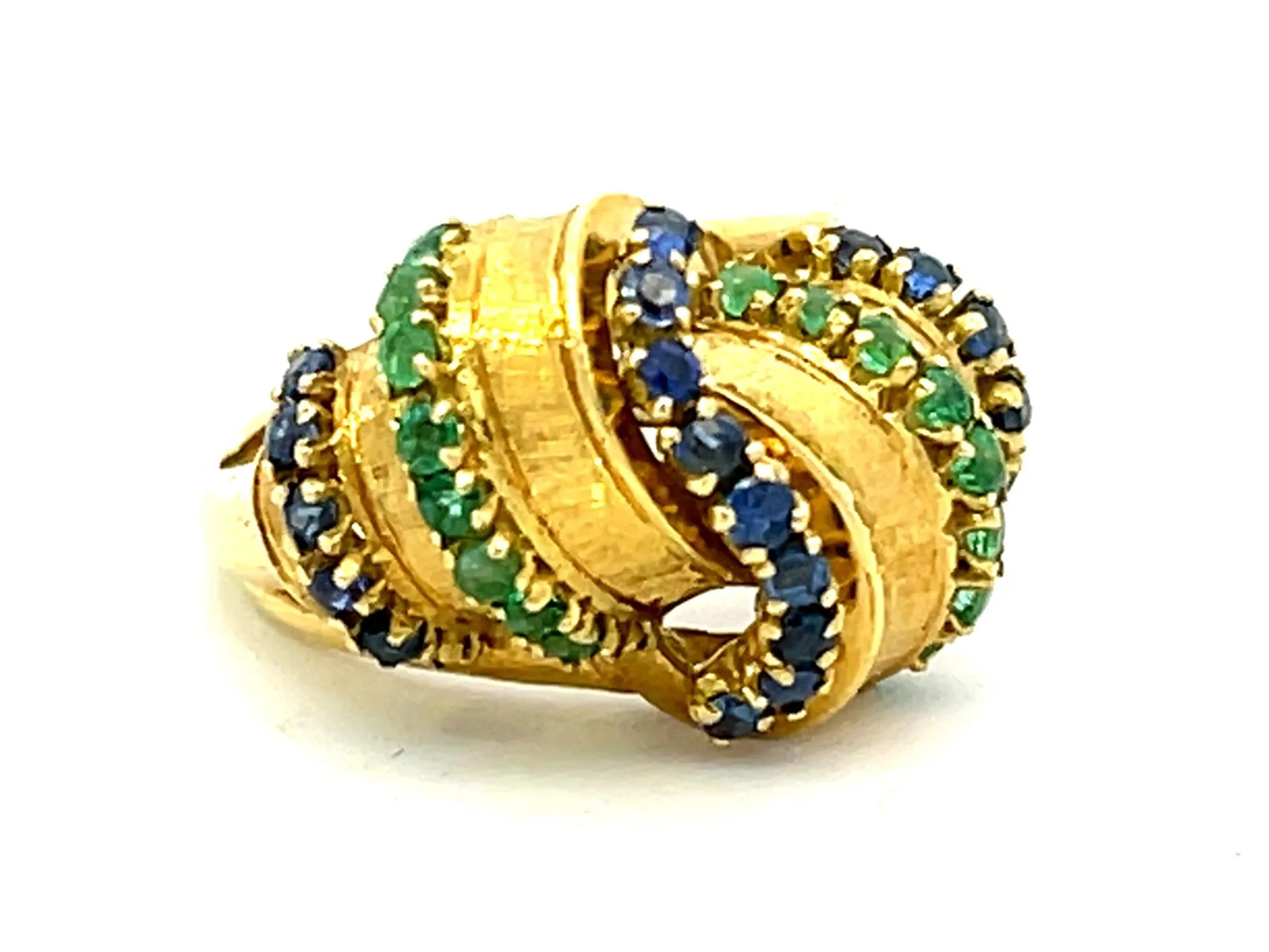 Alternating Sapphire and Emerald Rows Vintage Ring in 18k Yellow Gold