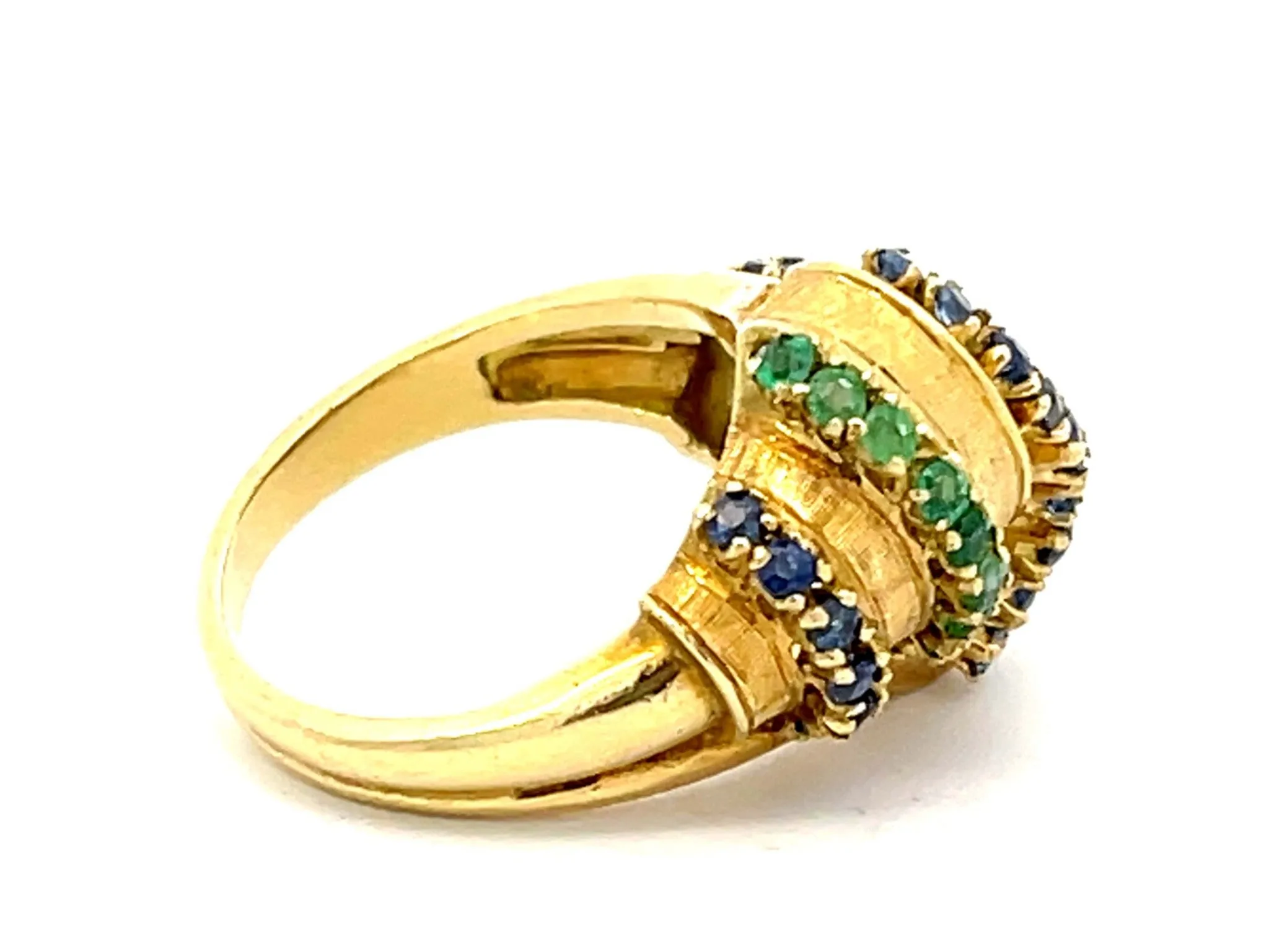 Alternating Sapphire and Emerald Rows Vintage Ring in 18k Yellow Gold