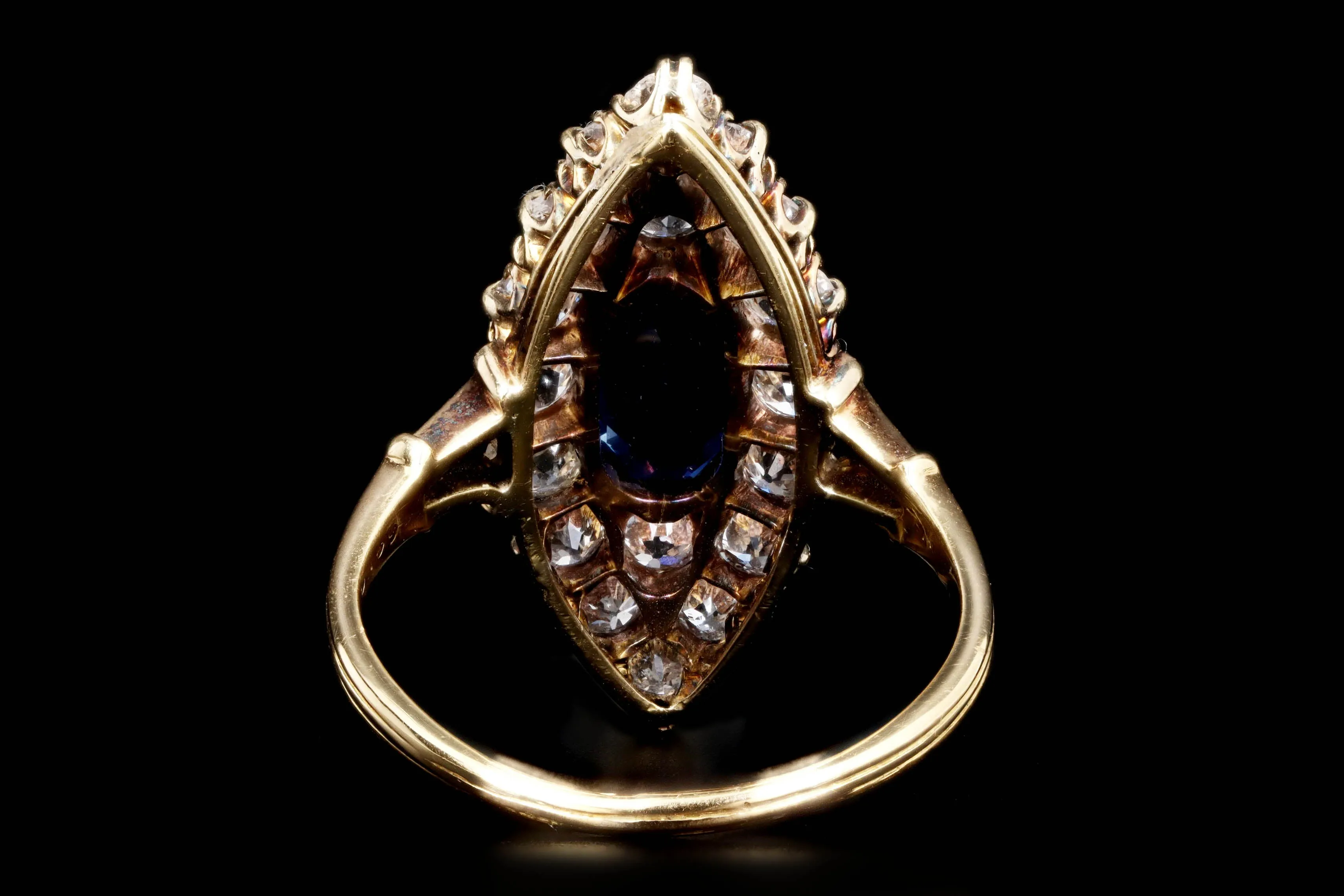 Antique Edwardian 18K Yellow Gold 1.25 Carat Ceylon Blue Sapphire and Old European Cut Diamond Navette Ring